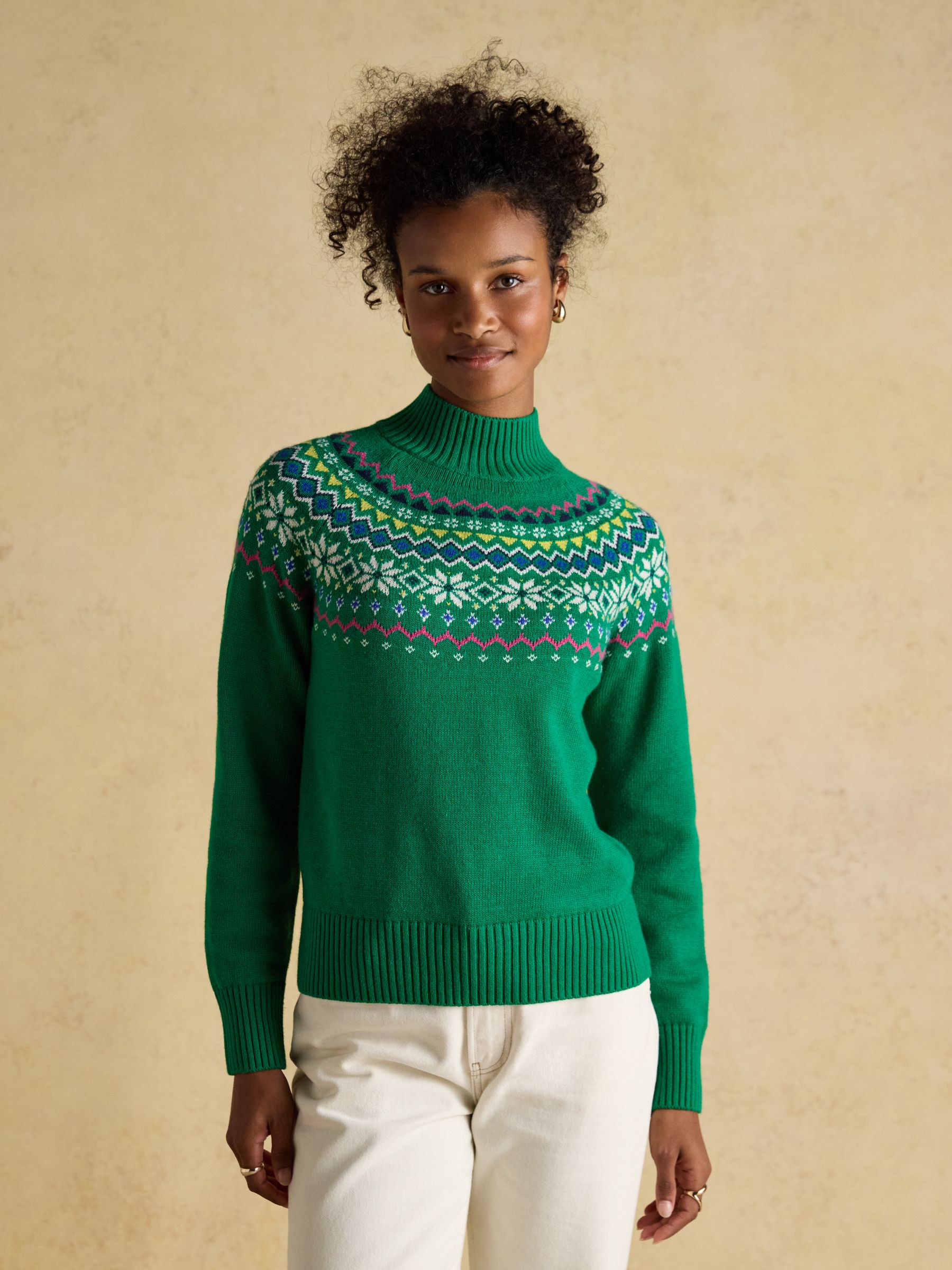 Alba Green Fair Isle High Neck Cotton-Blend Jumper - Image 1 of 8