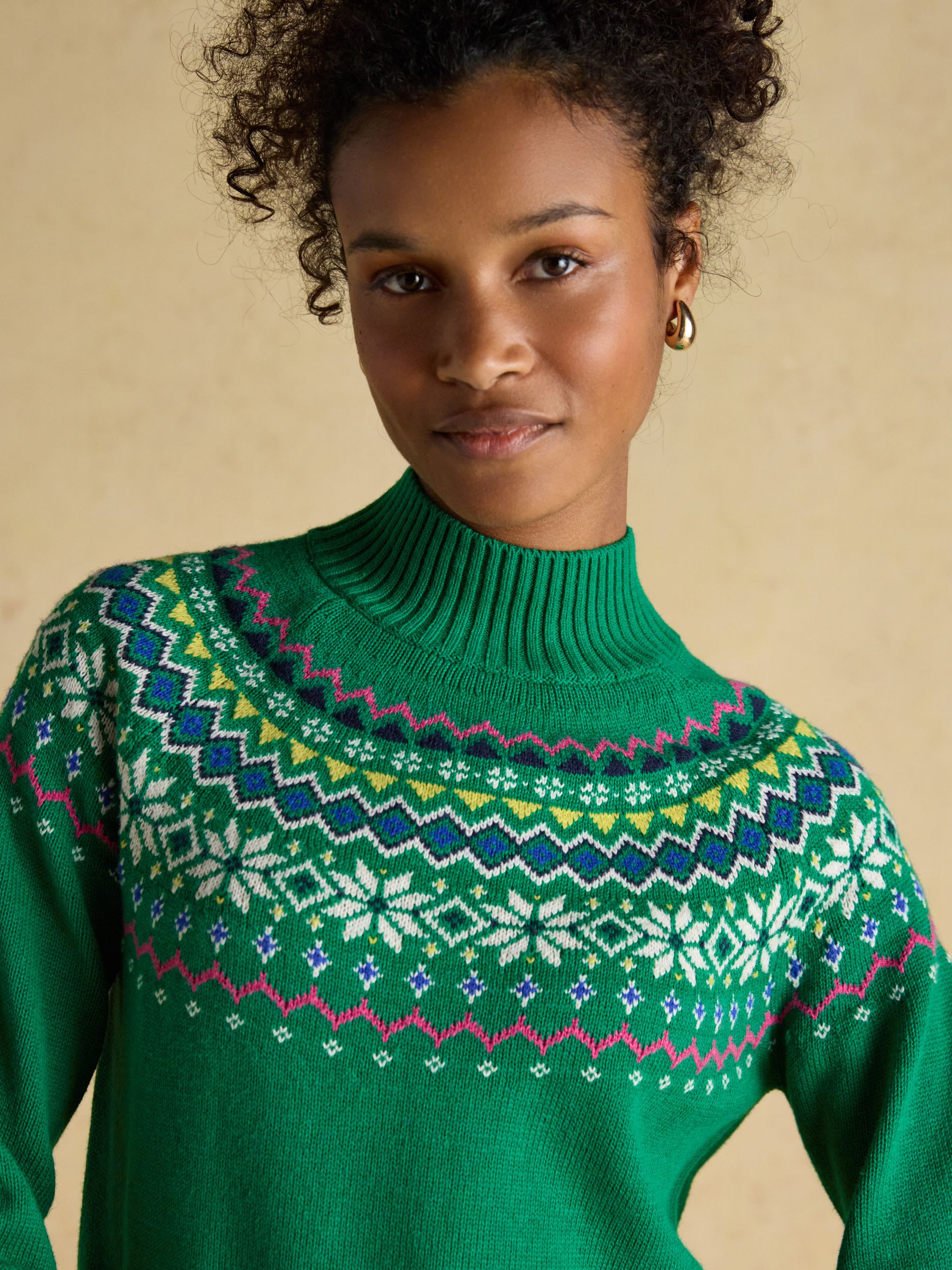 Alba Green Fair Isle High Neck Cotton-Blend Jumper - Image 4 of 8