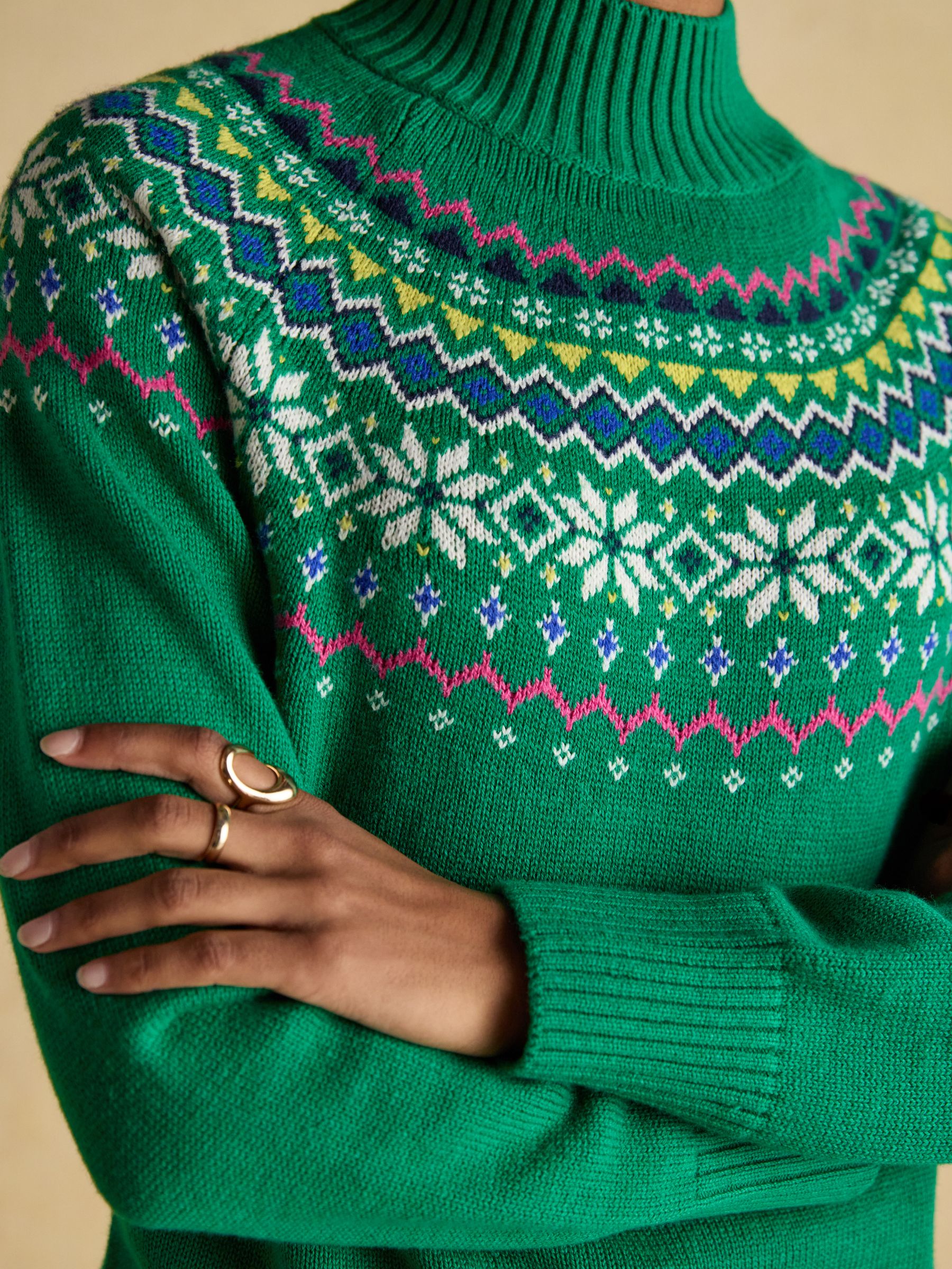 Alba Green Fair Isle High Neck Cotton-Blend Jumper - Image 6 of 8