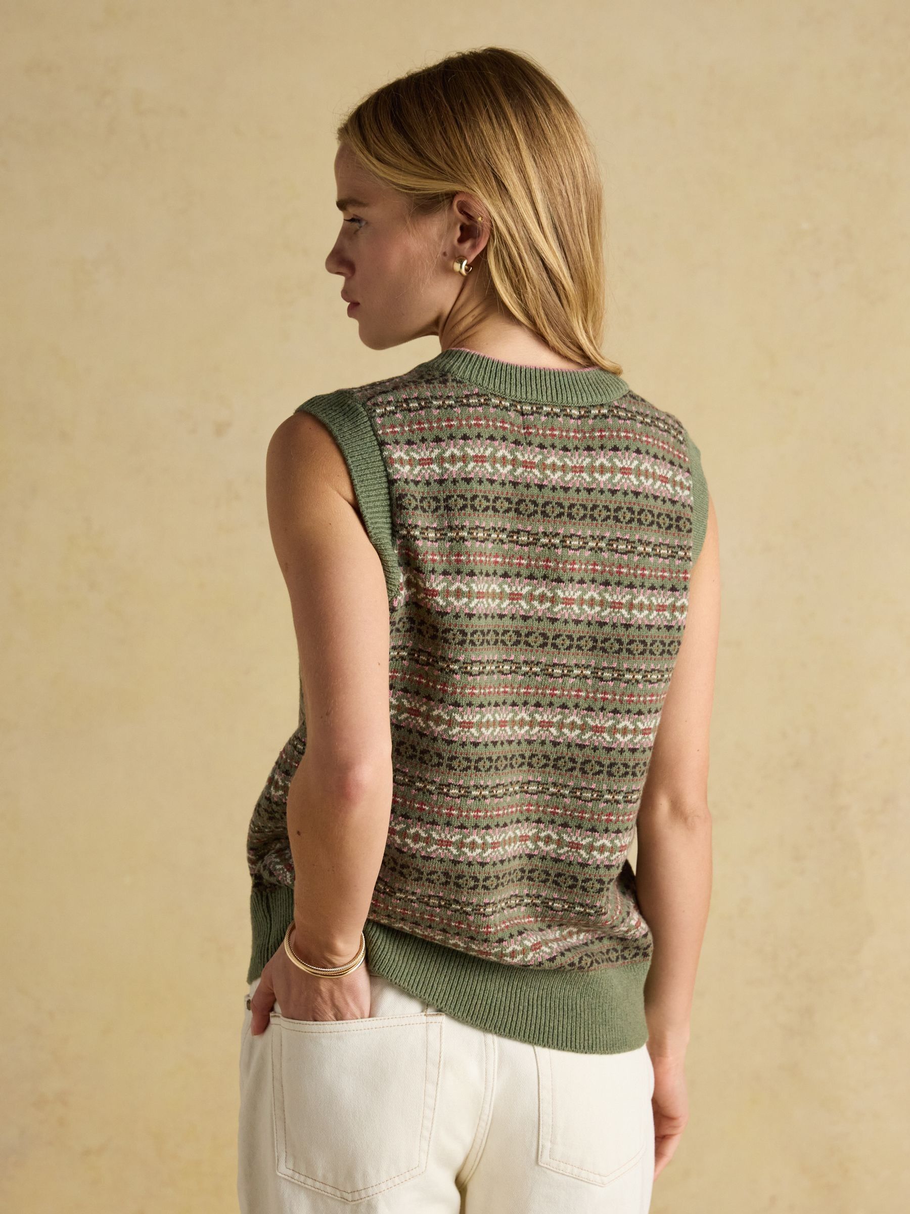 Islay Green V Neck Fair Isle Cotton Rich Knitted Vest - Image 2 of 8