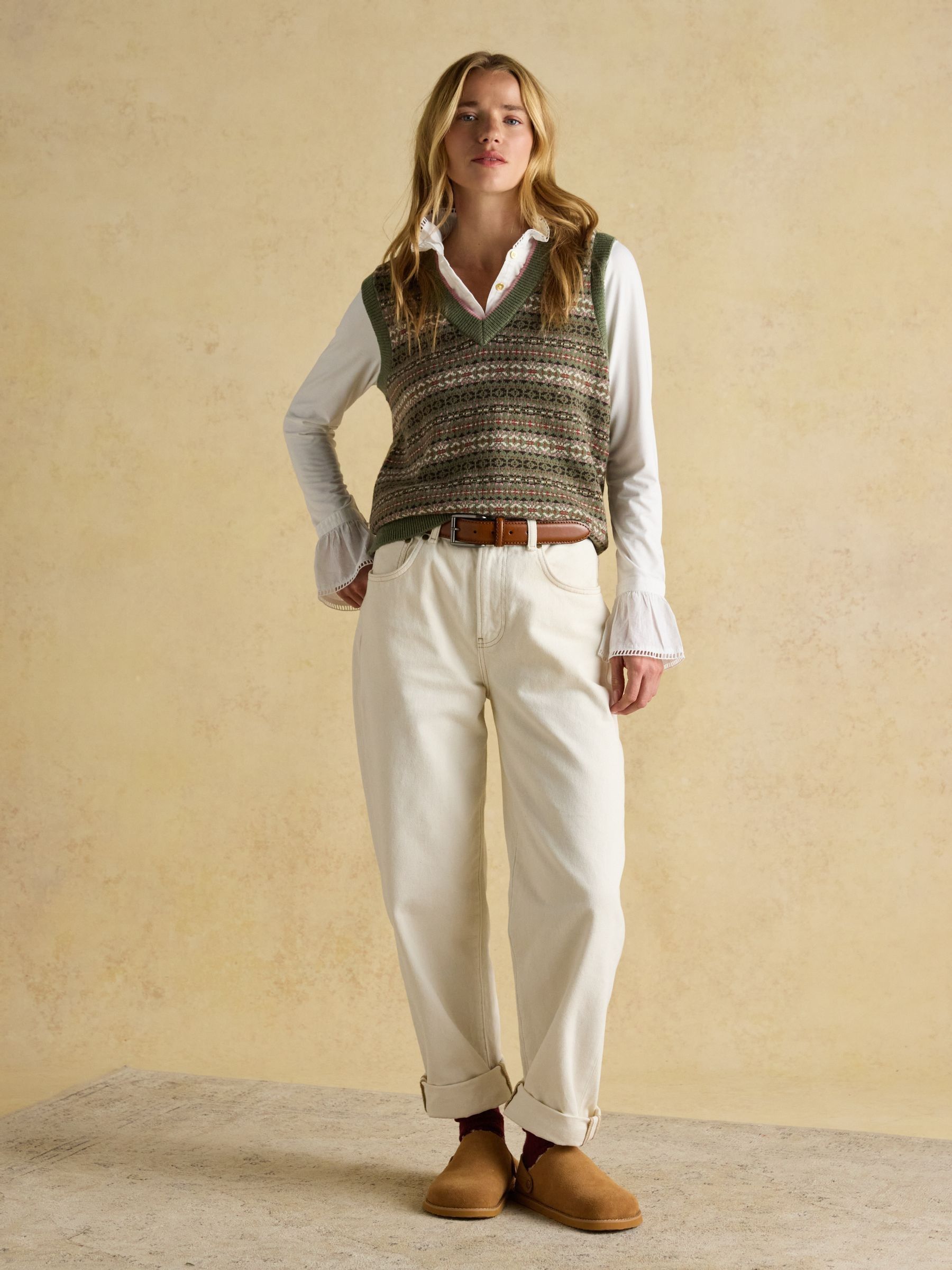 Islay Green V Neck Fair Isle Cotton Rich Knitted Vest - Image 3 of 8