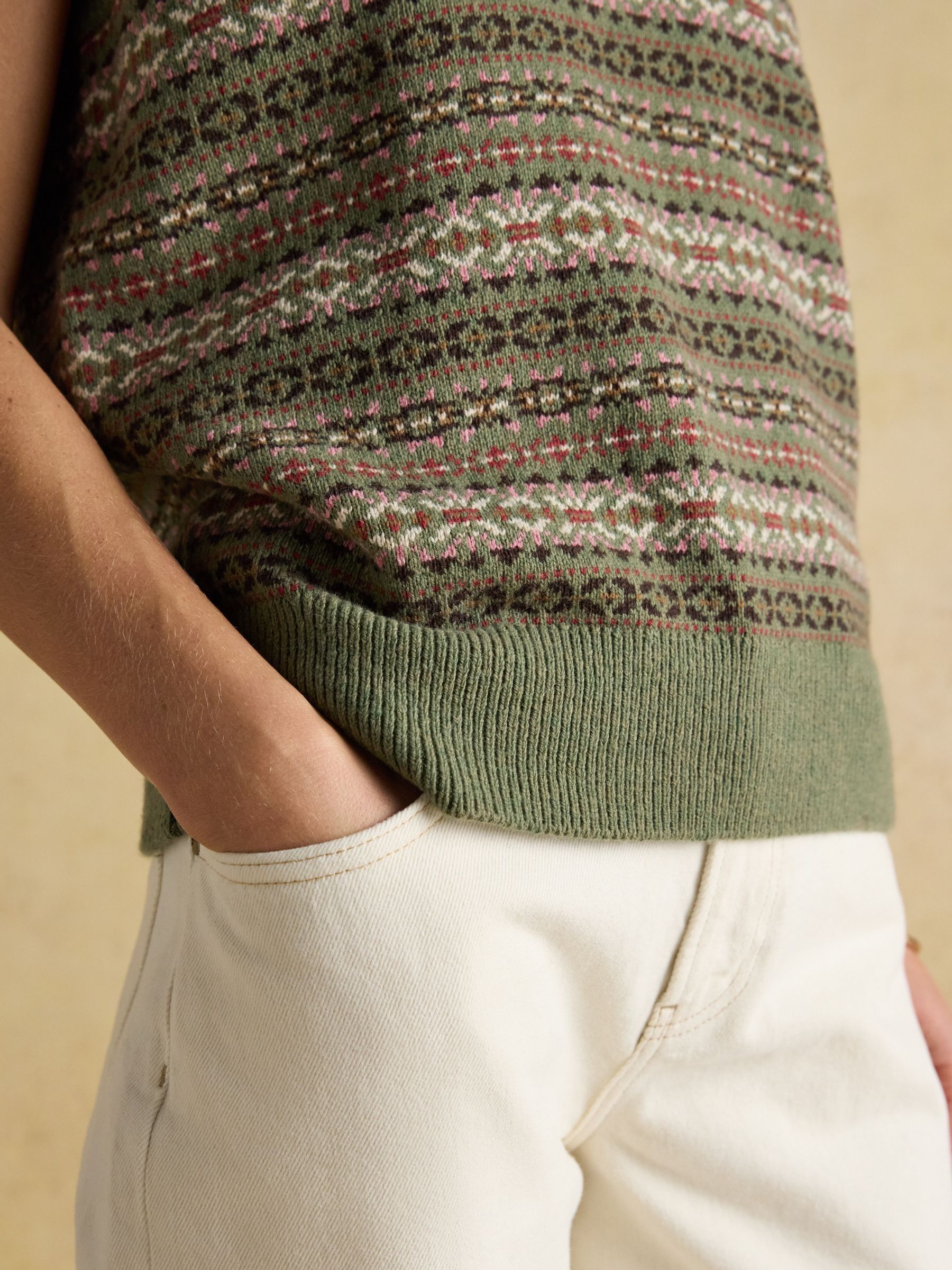Islay Green V Neck Fair Isle Cotton Rich Knitted Vest - Image 5 of 8