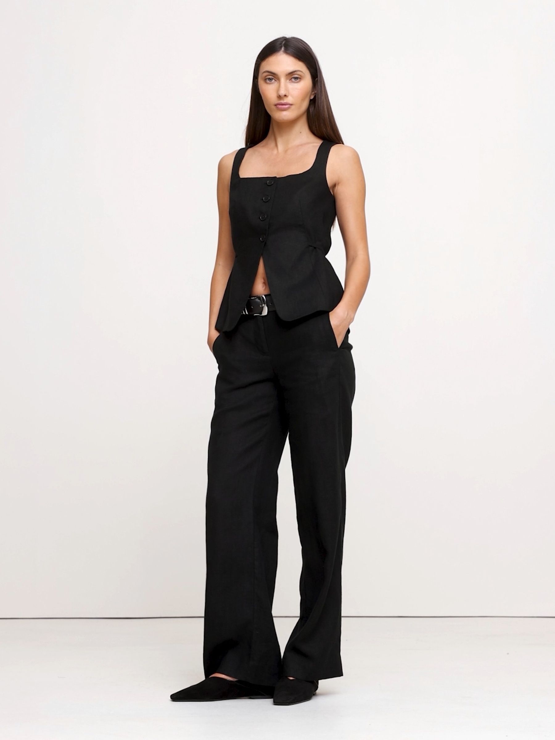 Banana Republic Black 100% Linen Square-Neck Longline Waistcoat - Image 3 of 8