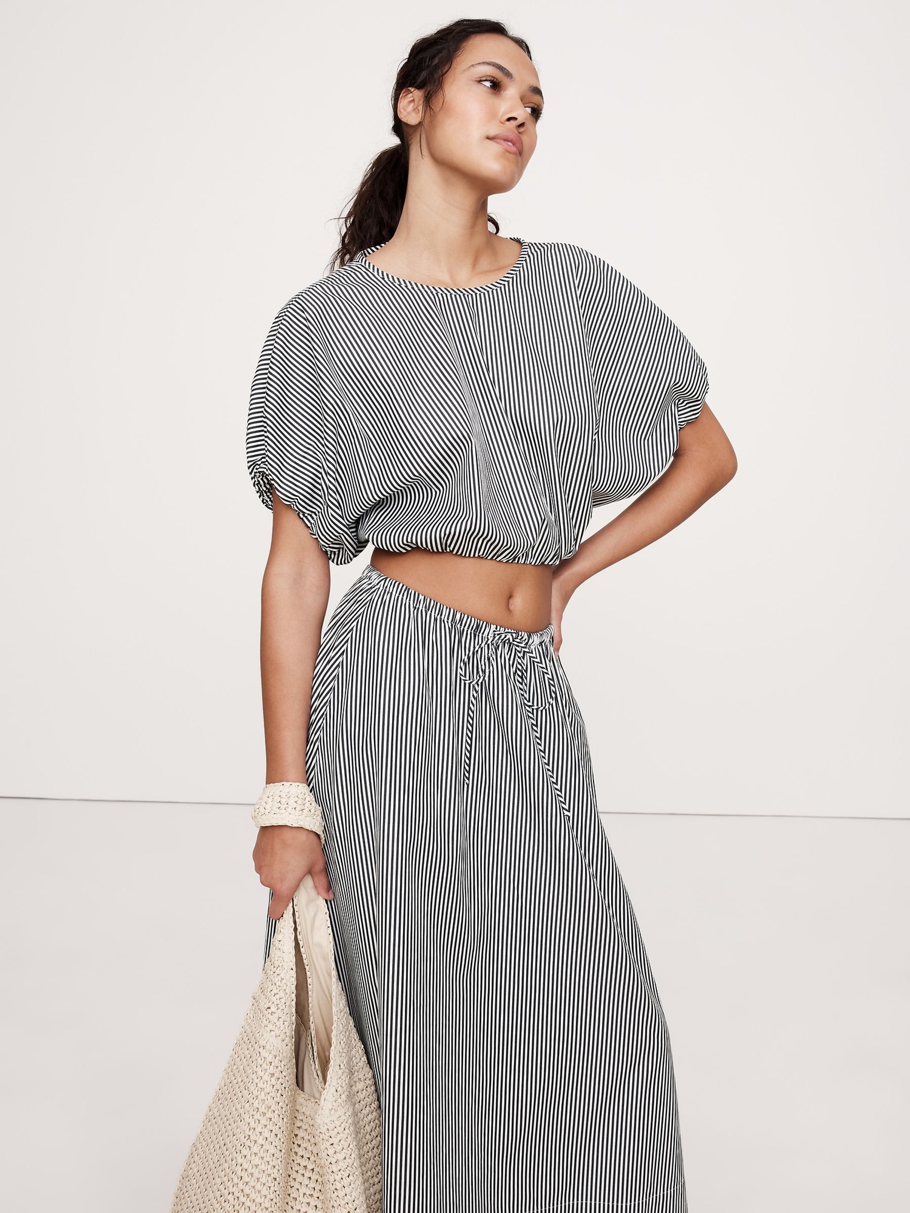 Banana Republic Blue Stripe Poplin Bubble-Hem Cropped Top - Image 1 of 2