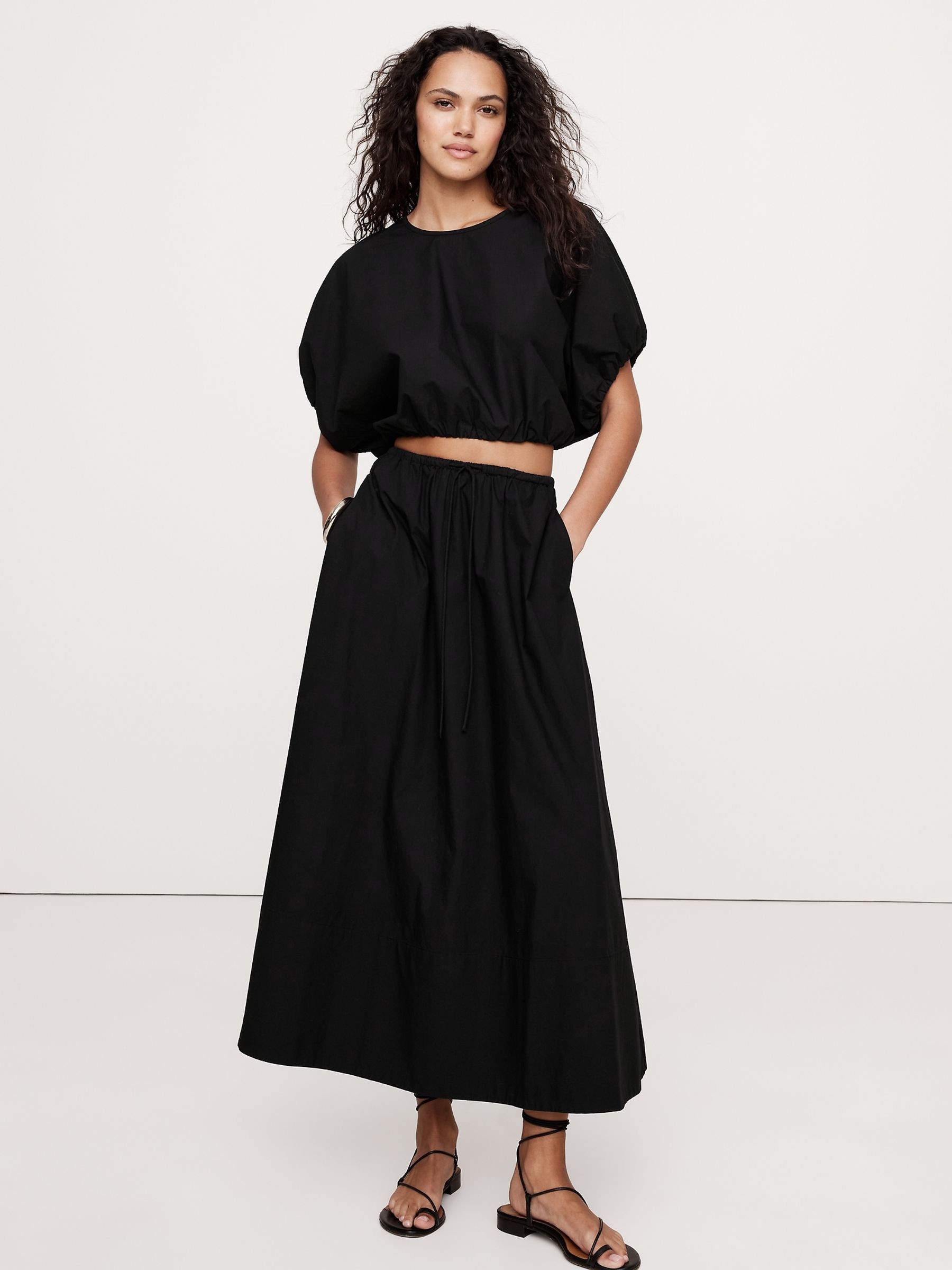 Banana Republic Black Poplin Bubble-Hem Cropped Top - Image 1 of 4