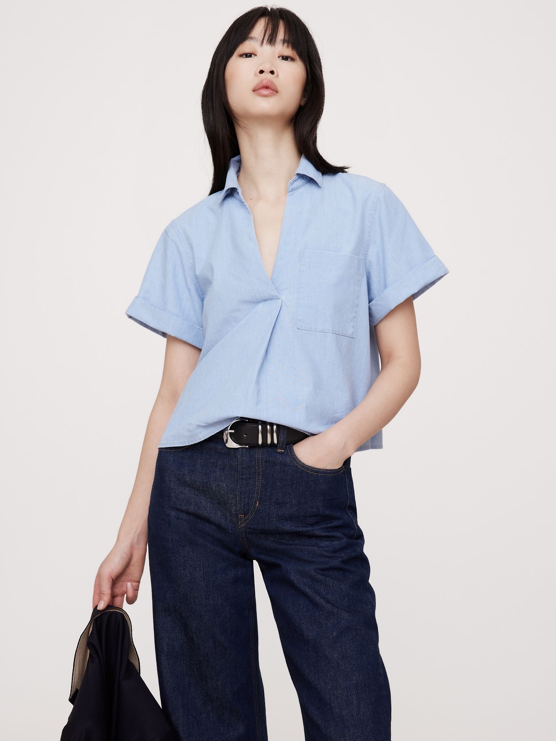 Banana Republic Blue Chambray Cropped Popover Shirt - Image 1 of 4