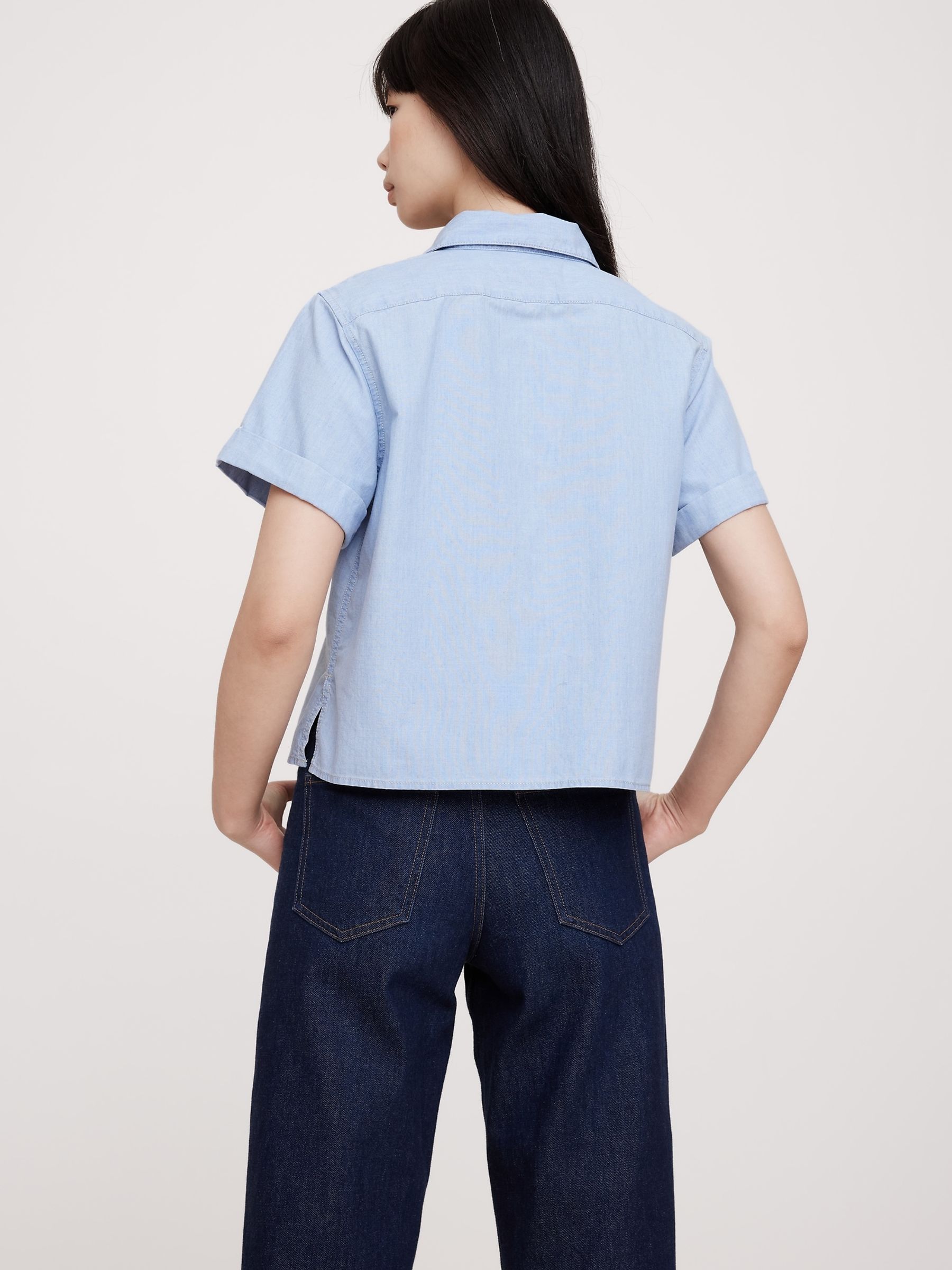 Banana Republic Blue Chambray Cropped Popover Shirt - Image 2 of 4