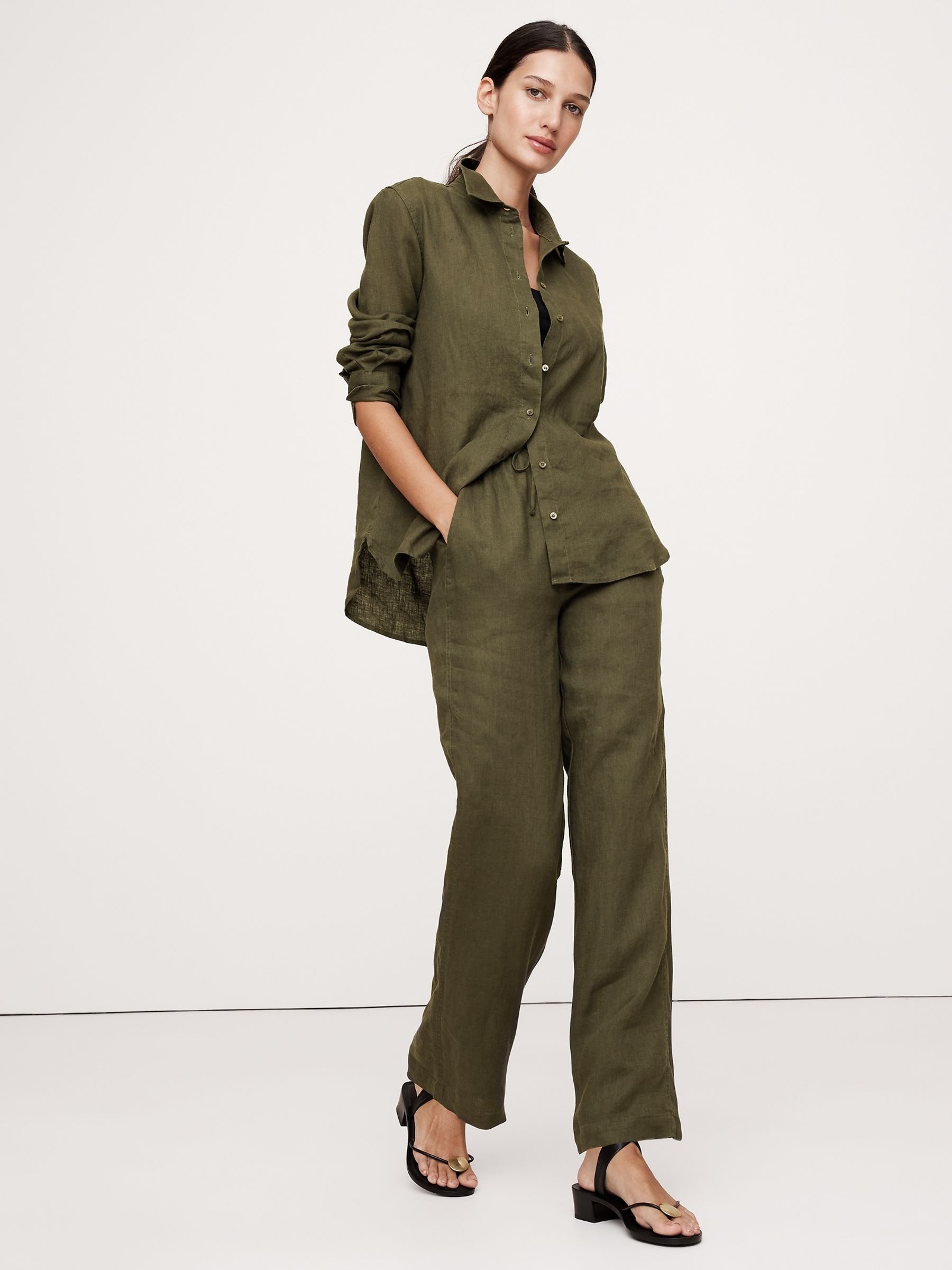 Banana Republic Khaki Green Everyday 100% Linen Shirt - Image 1 of 1