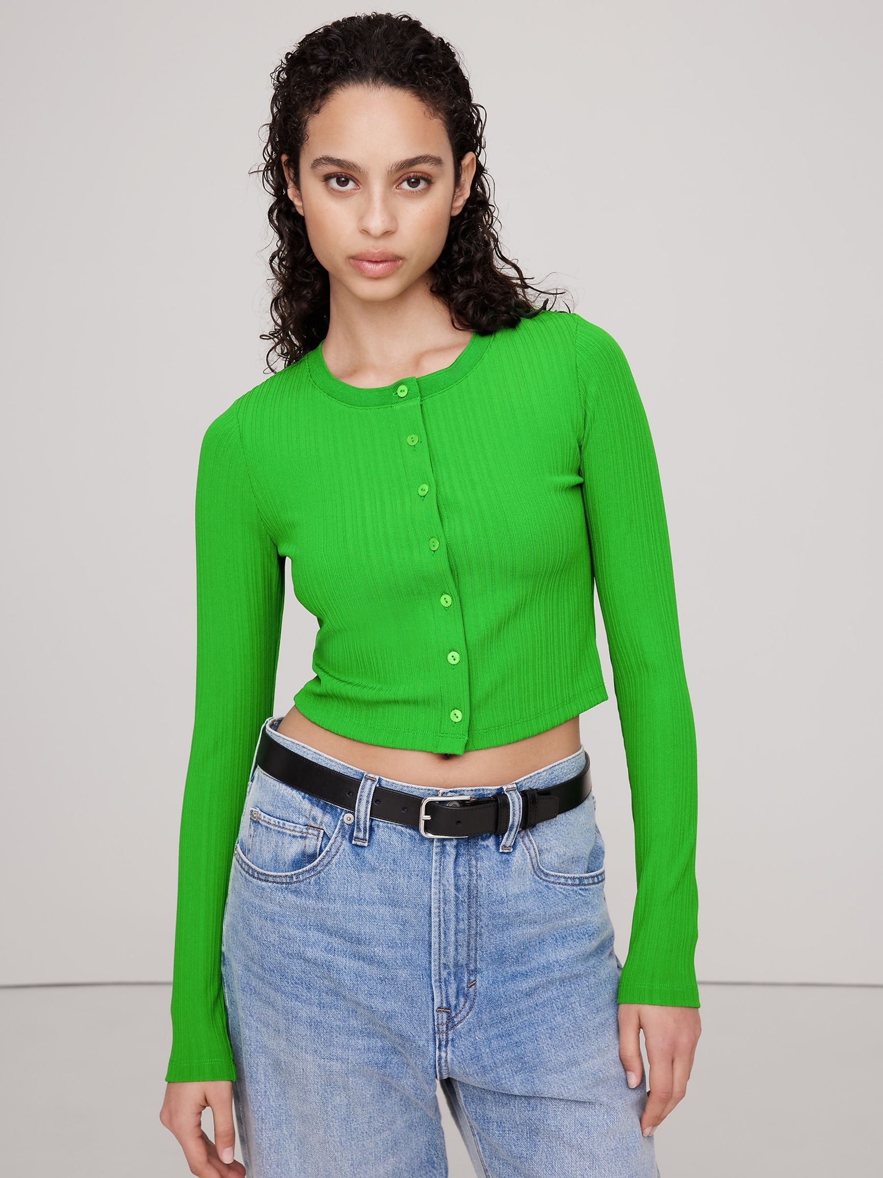 Banana Republic Green Ribbed Cardigan Cropped Top - Image 1 of 1