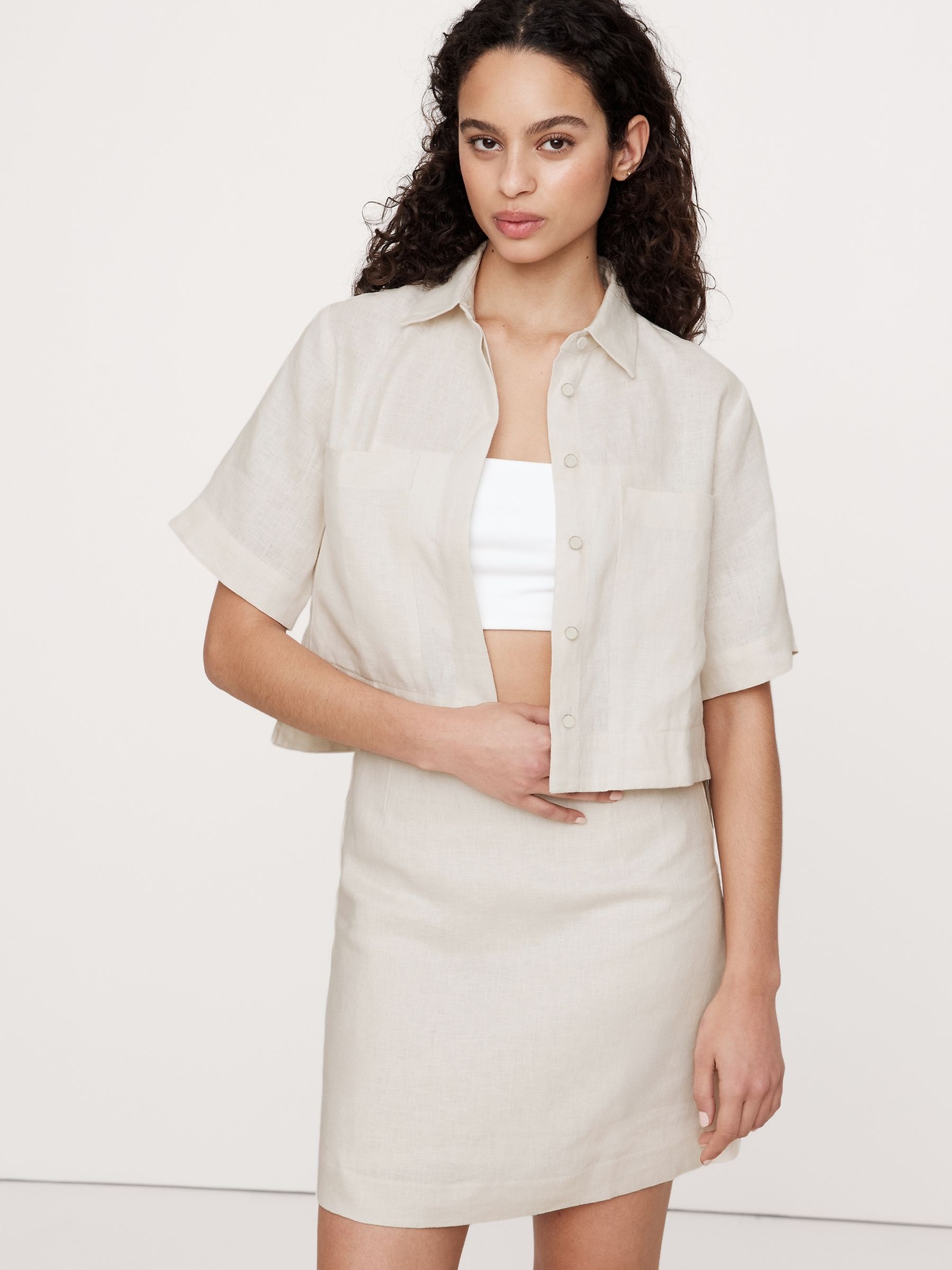 Banana Republic Beige Boxy Linen Cropped Shirt - Image 1 of 5