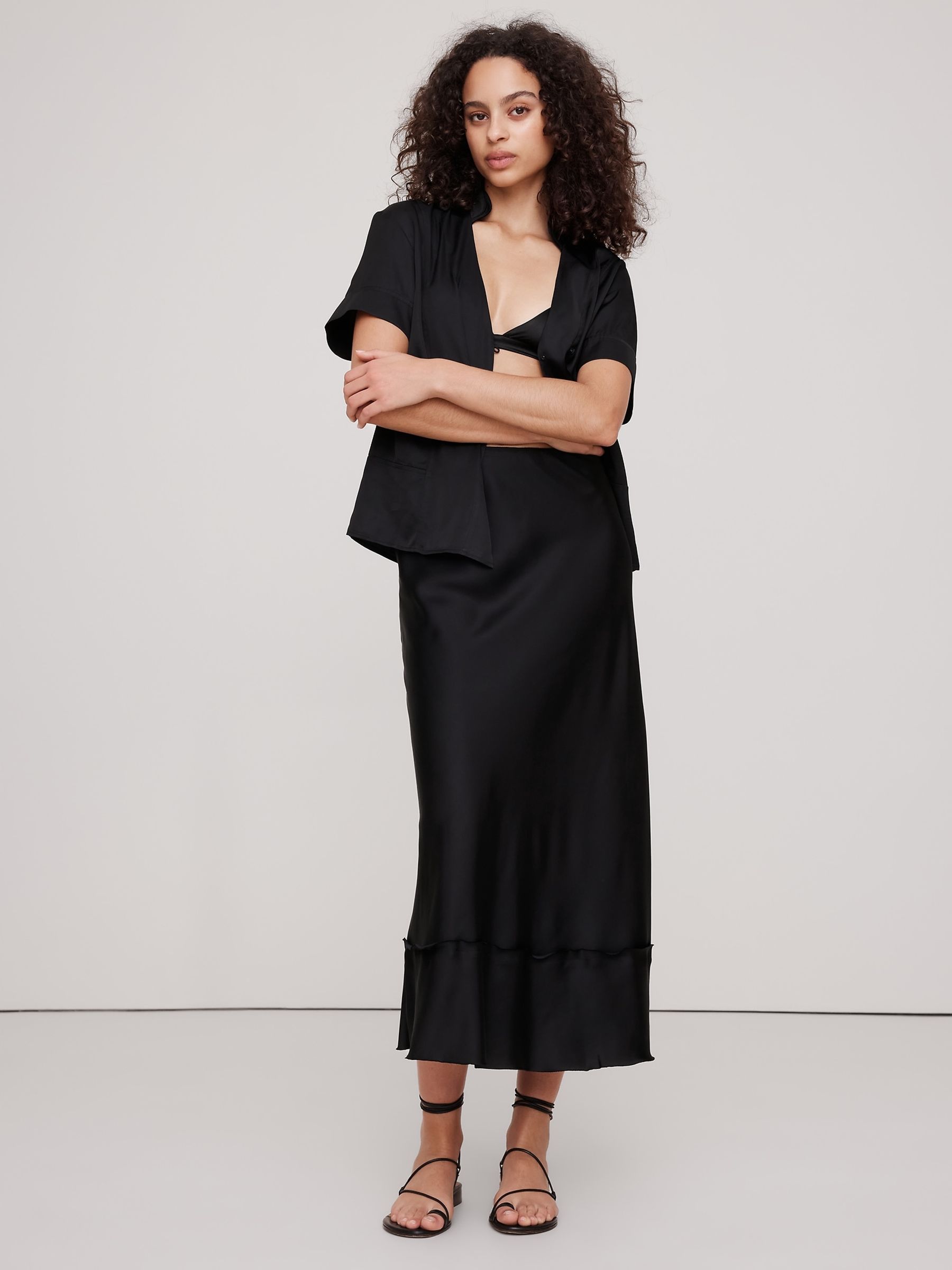 Banana Republic Black Satin Midi Skirt - Image 1 of 1