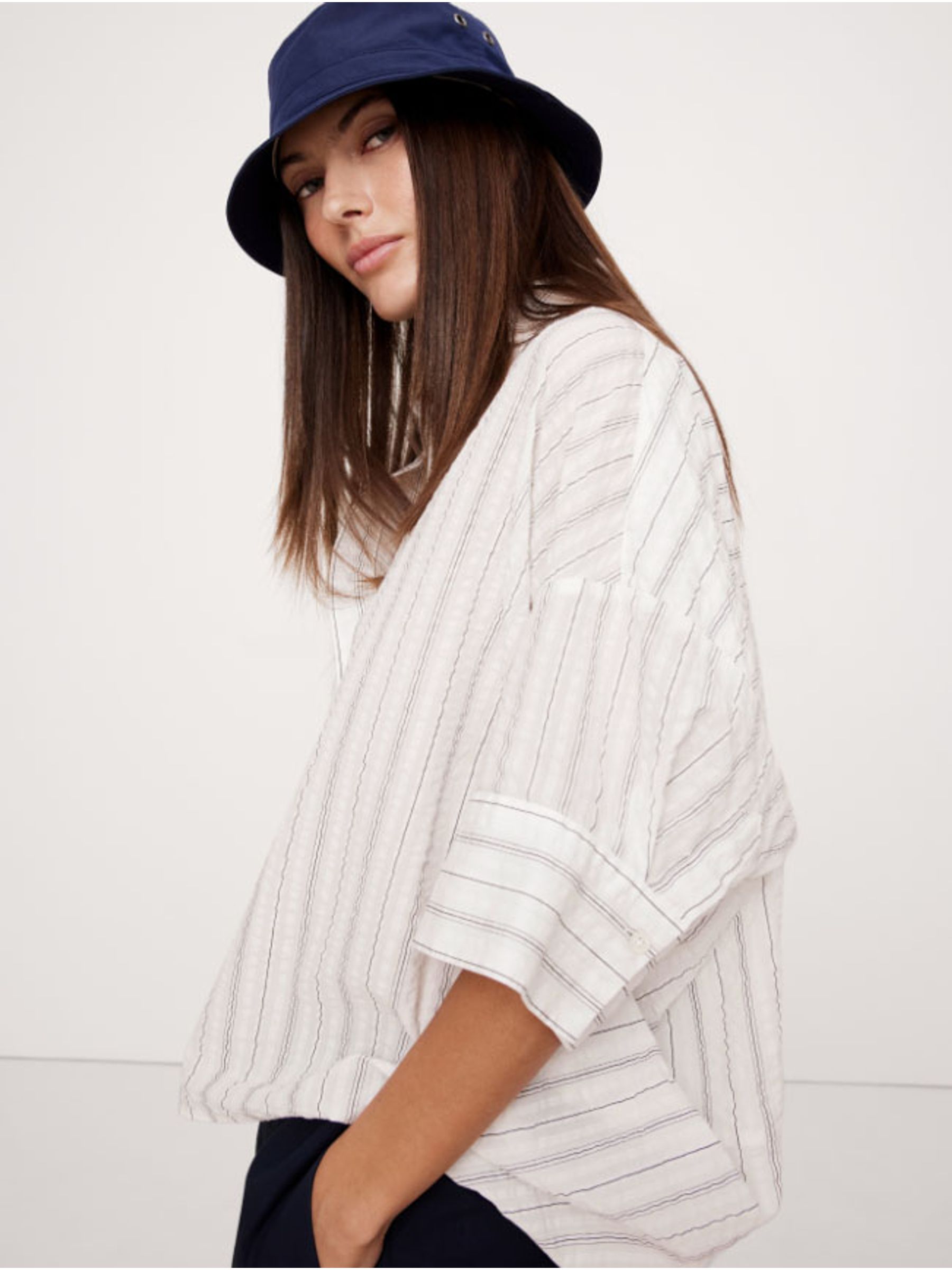 Banana Republic White Stripe The Oversized Popover Top - Image 3 of 7