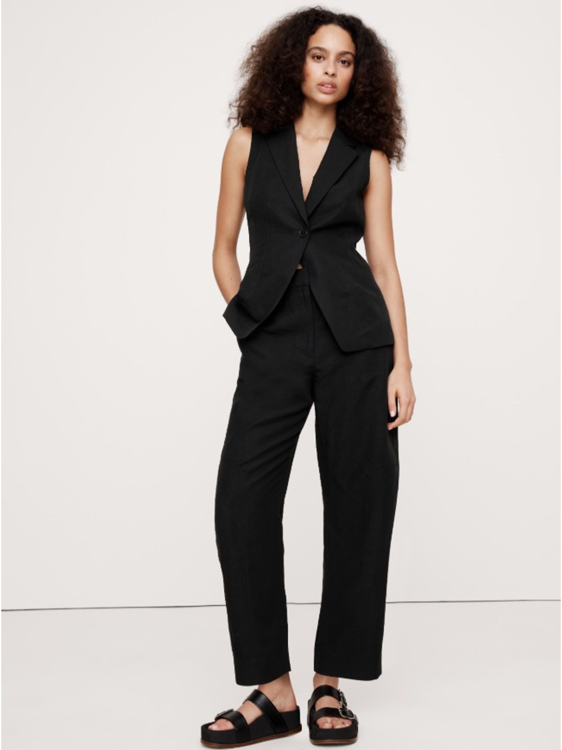 Banana Republic Black High-Rise Barrel Tencel Linen Trousers - Image 1 of 4