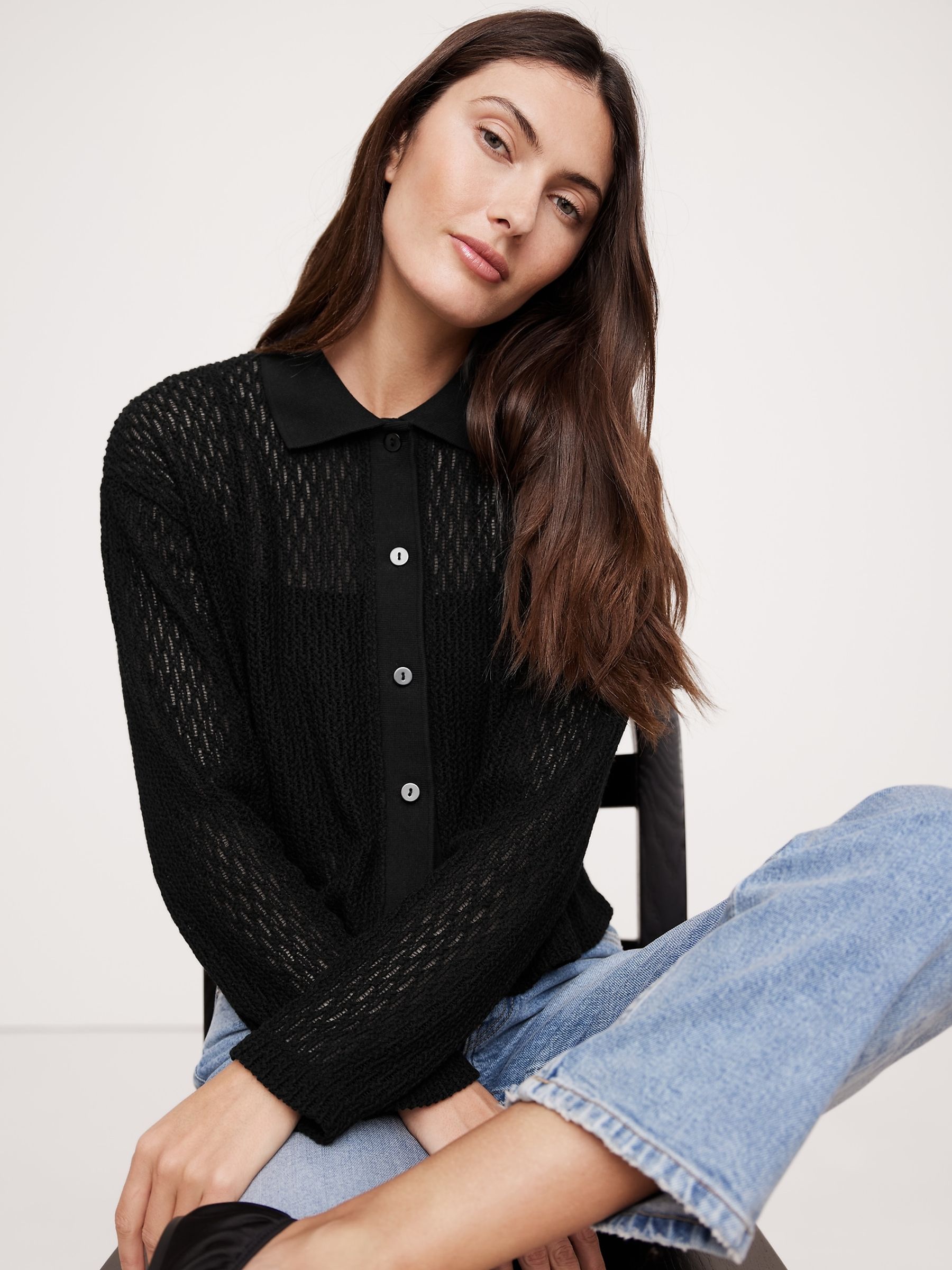 Banana Republic Black Mesh Polo Cardigan - Image 1 of 4
