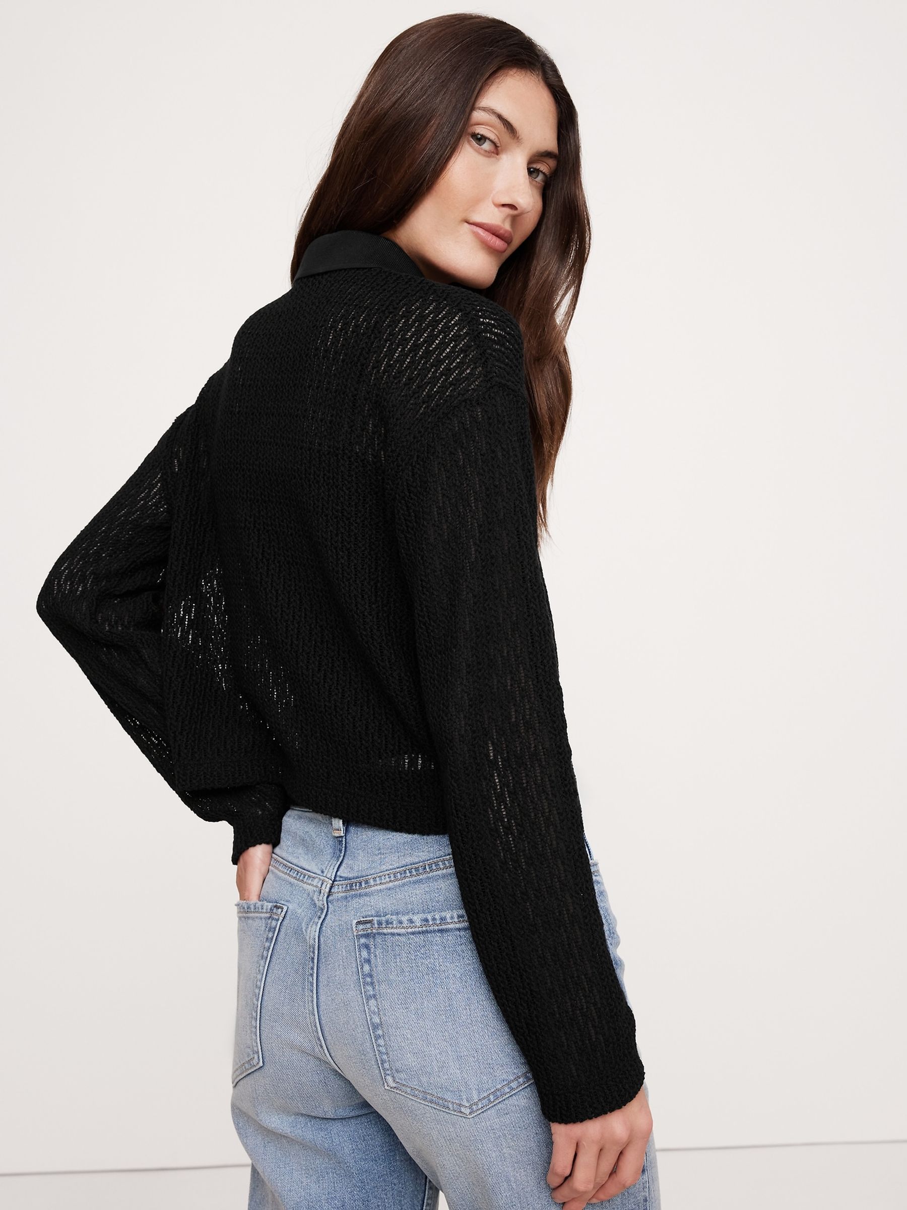 Banana Republic Black Mesh Polo Cardigan - Image 2 of 4