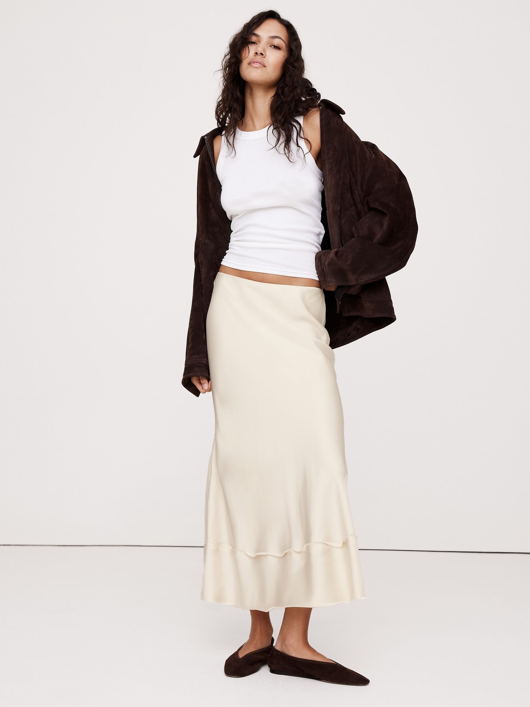 Banana Republic Cream Satin Midi Skirt - Image 1 of 5