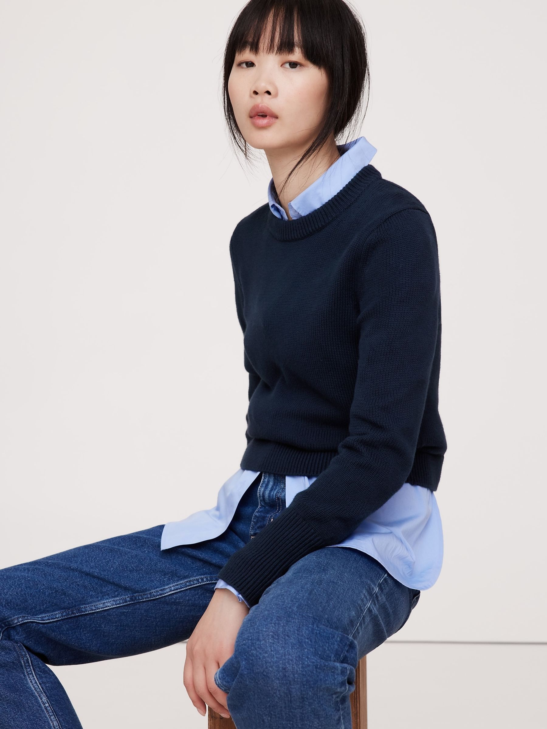 Banana Republic Navy Blue Cotton-Silk Crew-Neck Jumper - Image 2 of 2