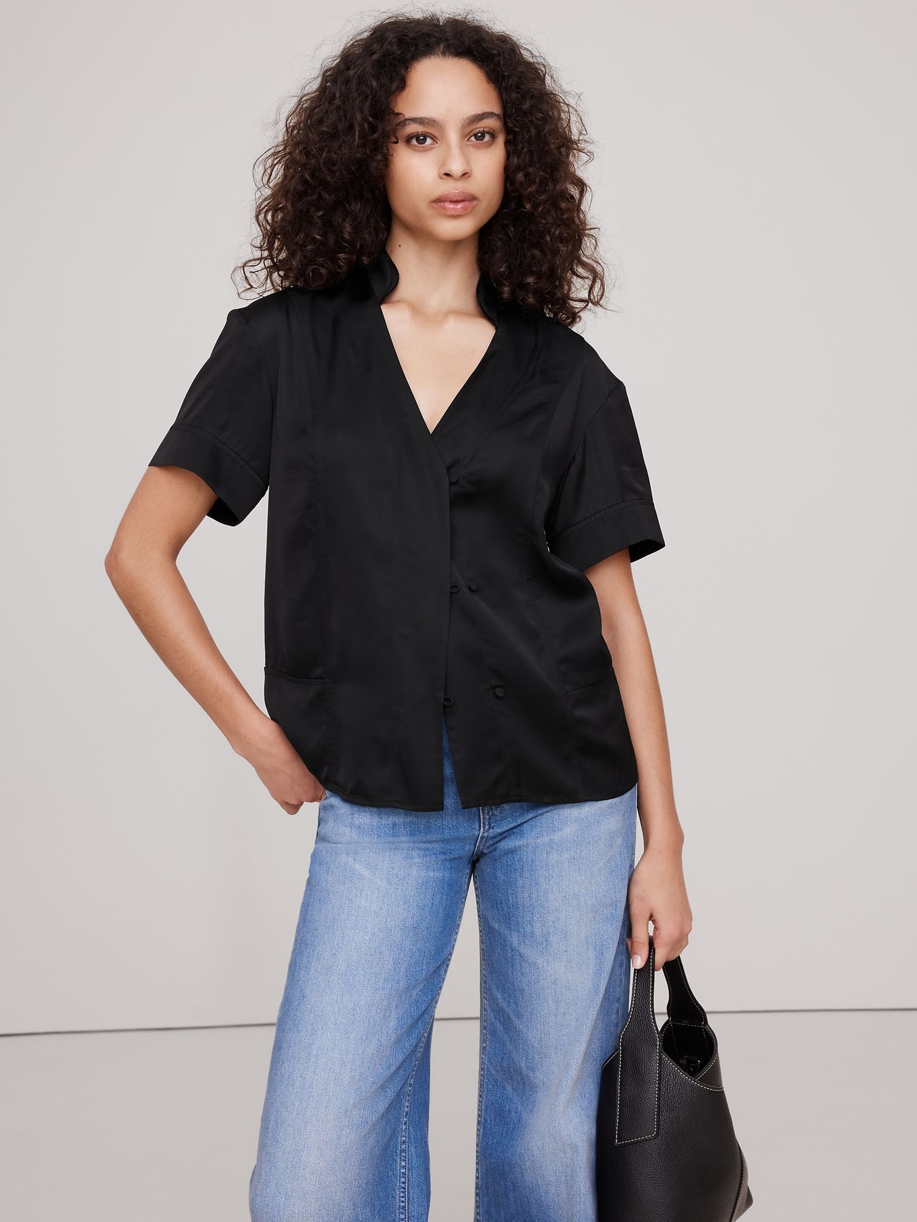 Banana Republic Black Satin Short-Sleeve Shirt - Image 1 of 1