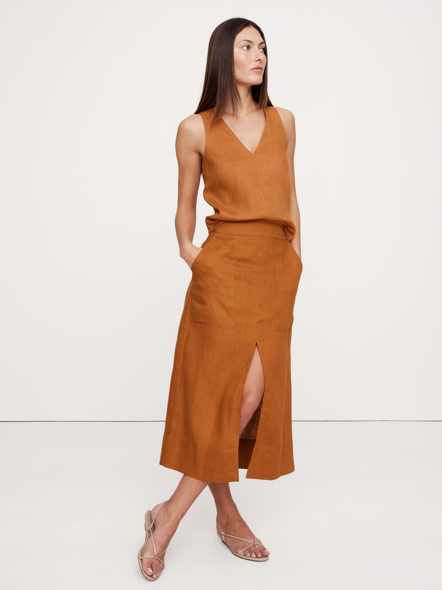 Banana Republic Brown Linen Midi Skirt - Image 1 of 1