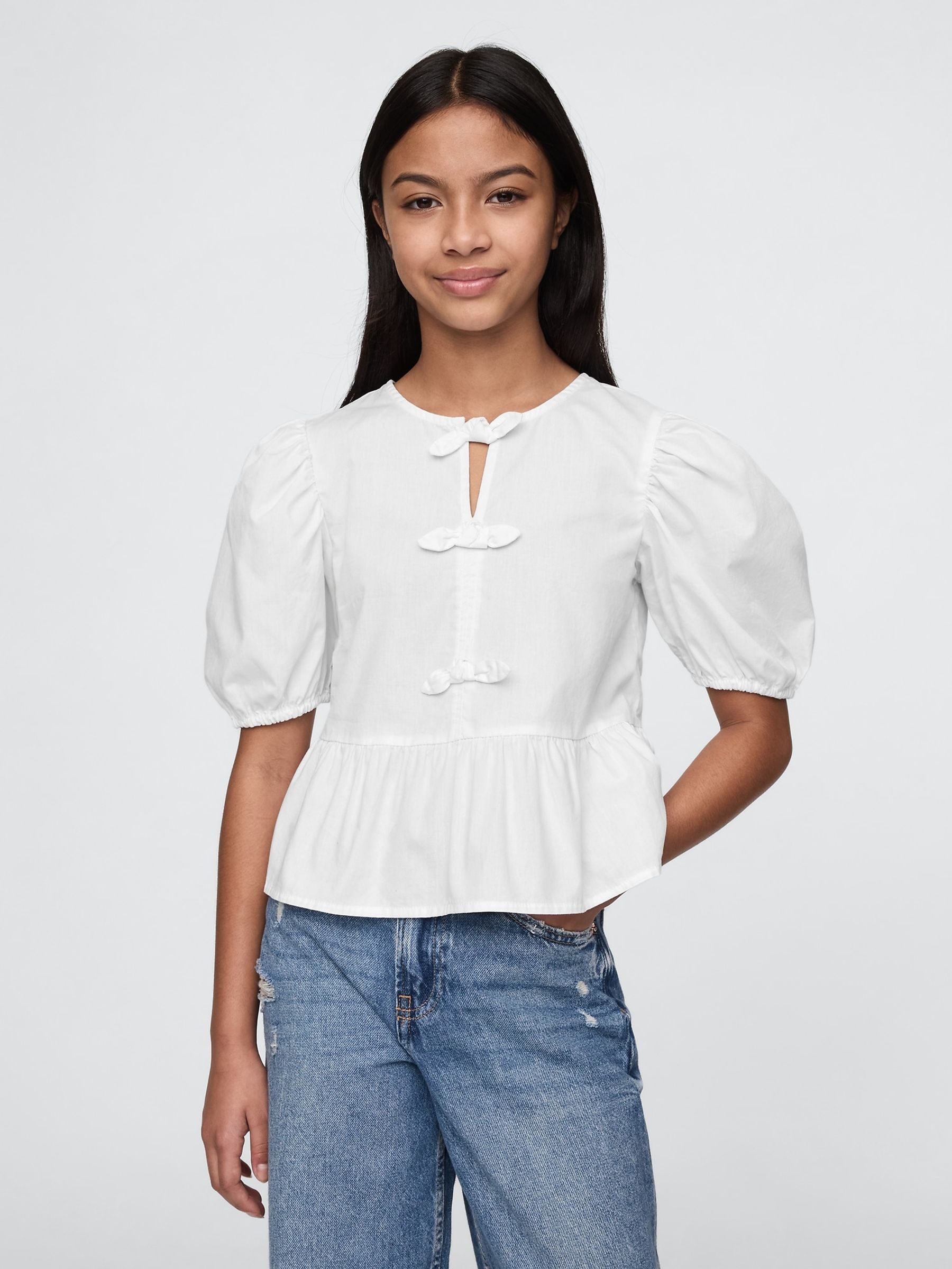 White Puff-Sleeve Peplum Bow Top (4-13yrs) - Image 1 of 5