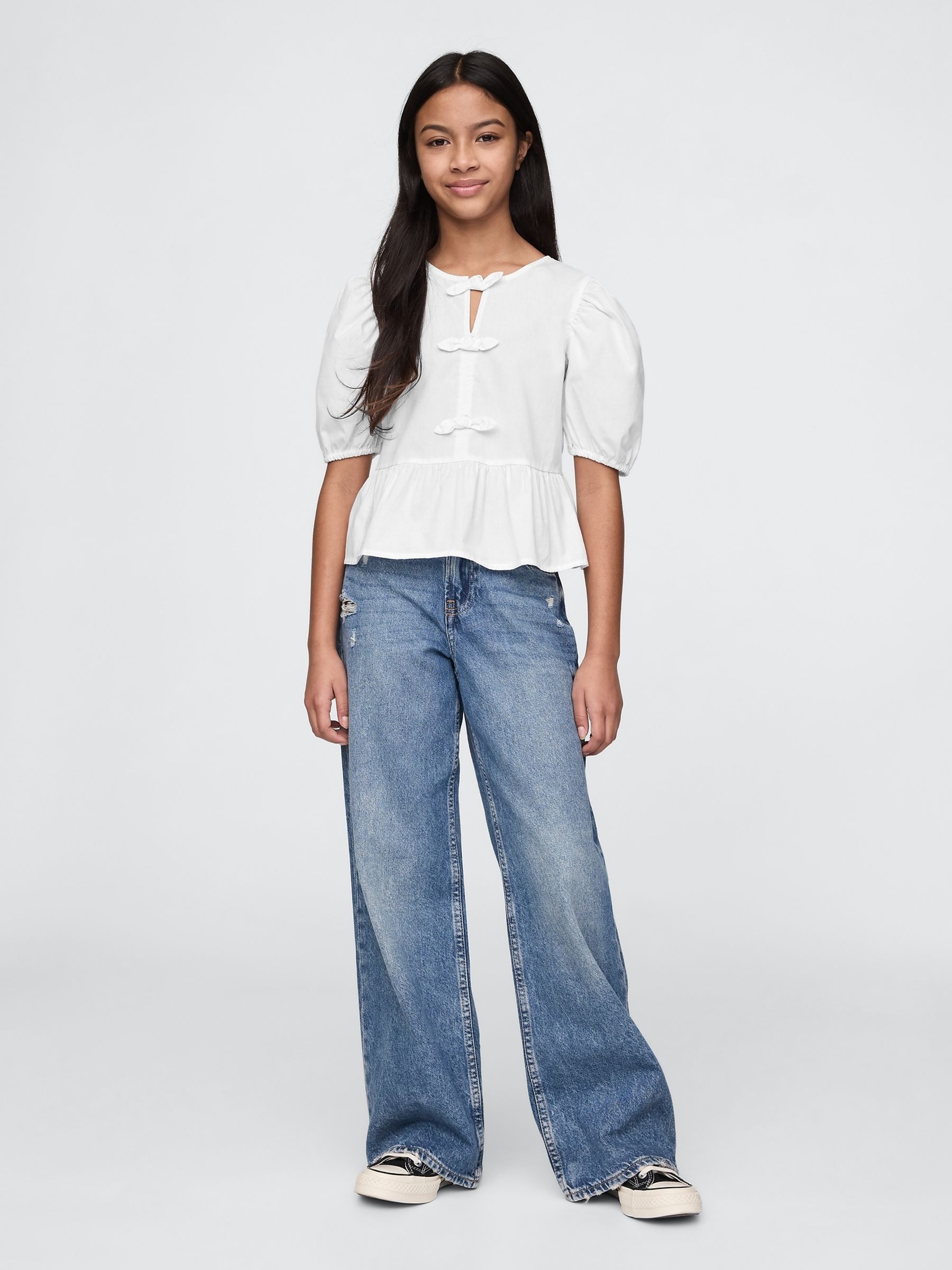 White Puff-Sleeve Peplum Bow Top (4-13yrs) - Image 3 of 5