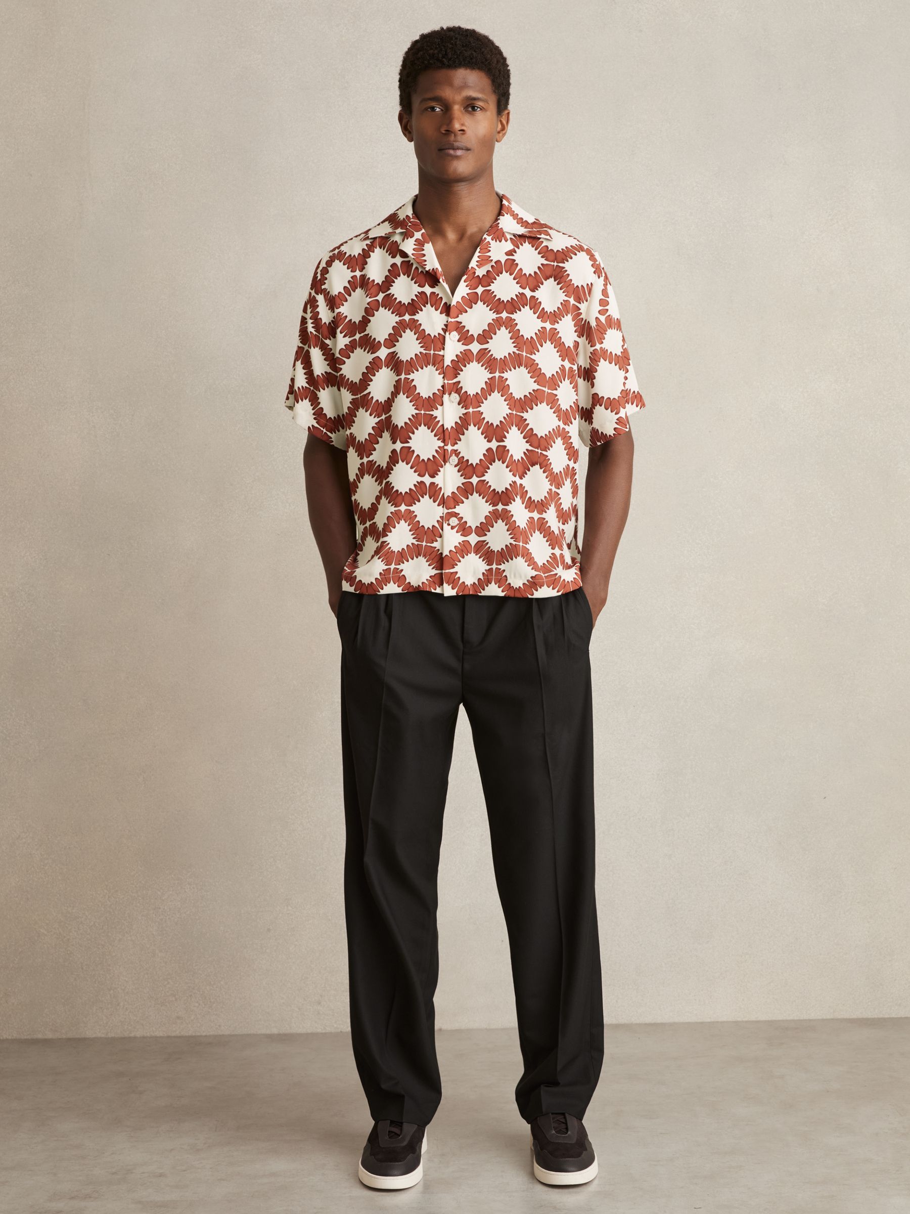Abstract Floral Print Cuban Shirt in Off White/Rust - Image 3 of 6