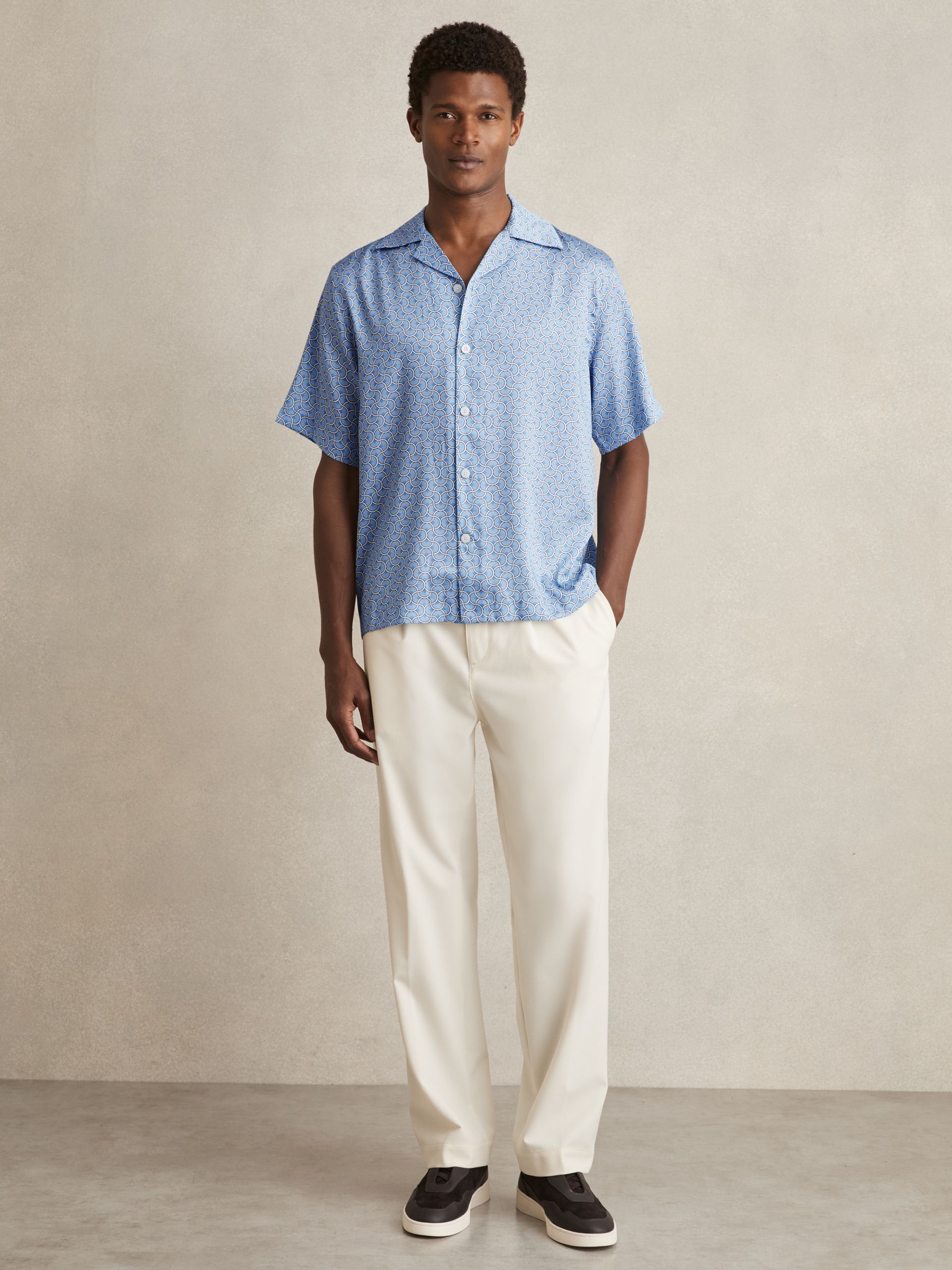 Geometric Wave Print Cuban Shirt in Soft Blue - Image 3 of 6
