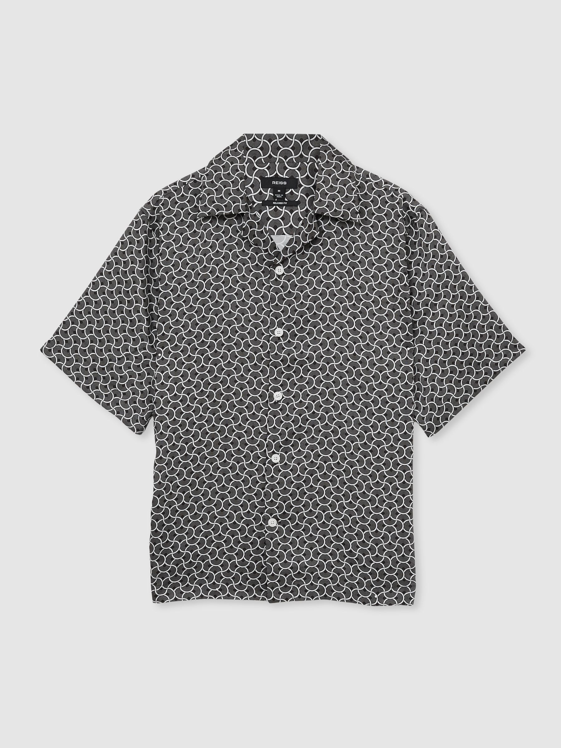Geometric Wave Print Cuban Shirt in Black/White - Image 2 of 6