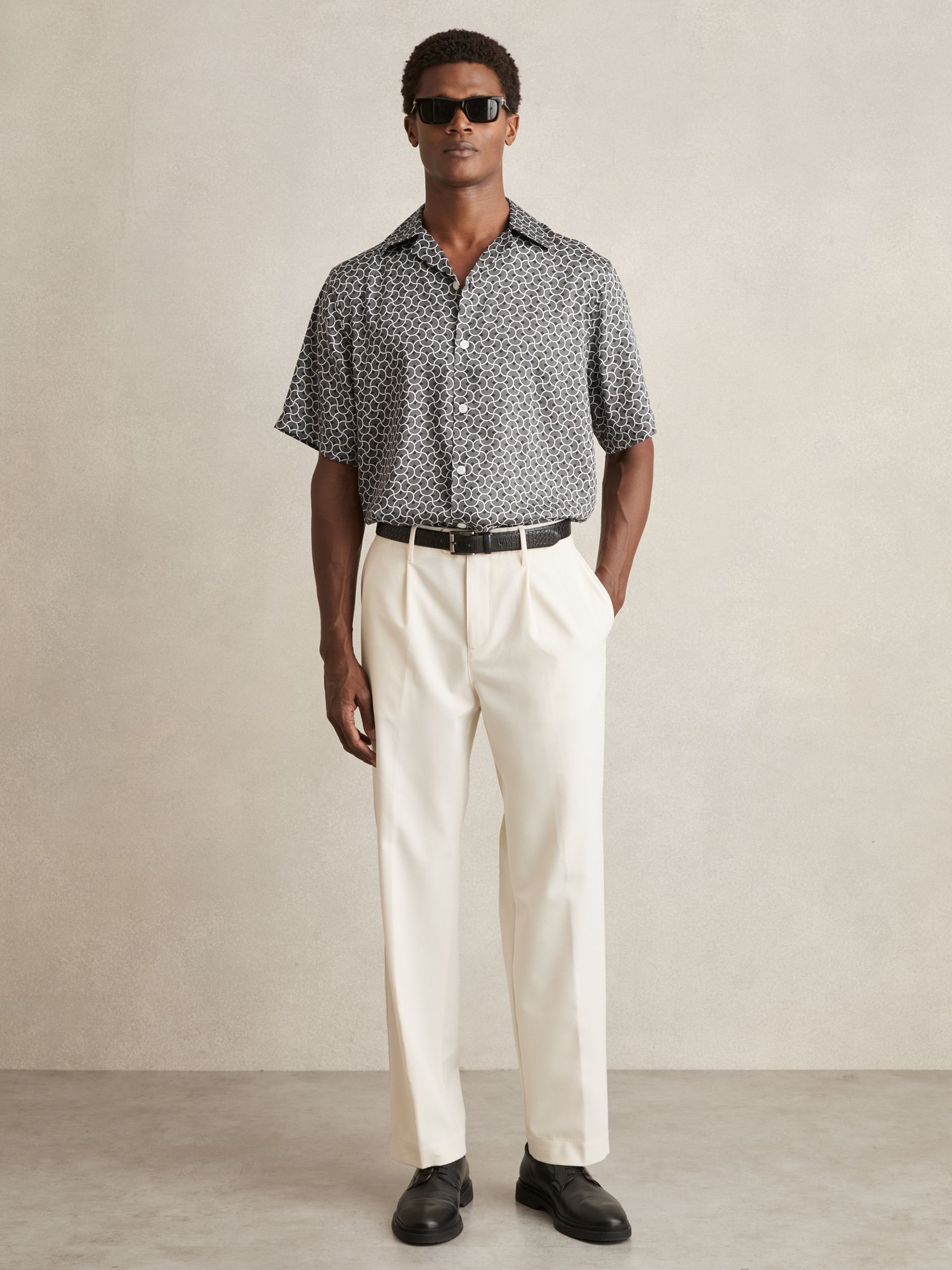 Geometric Wave Print Cuban Shirt in Black/White - Image 3 of 6