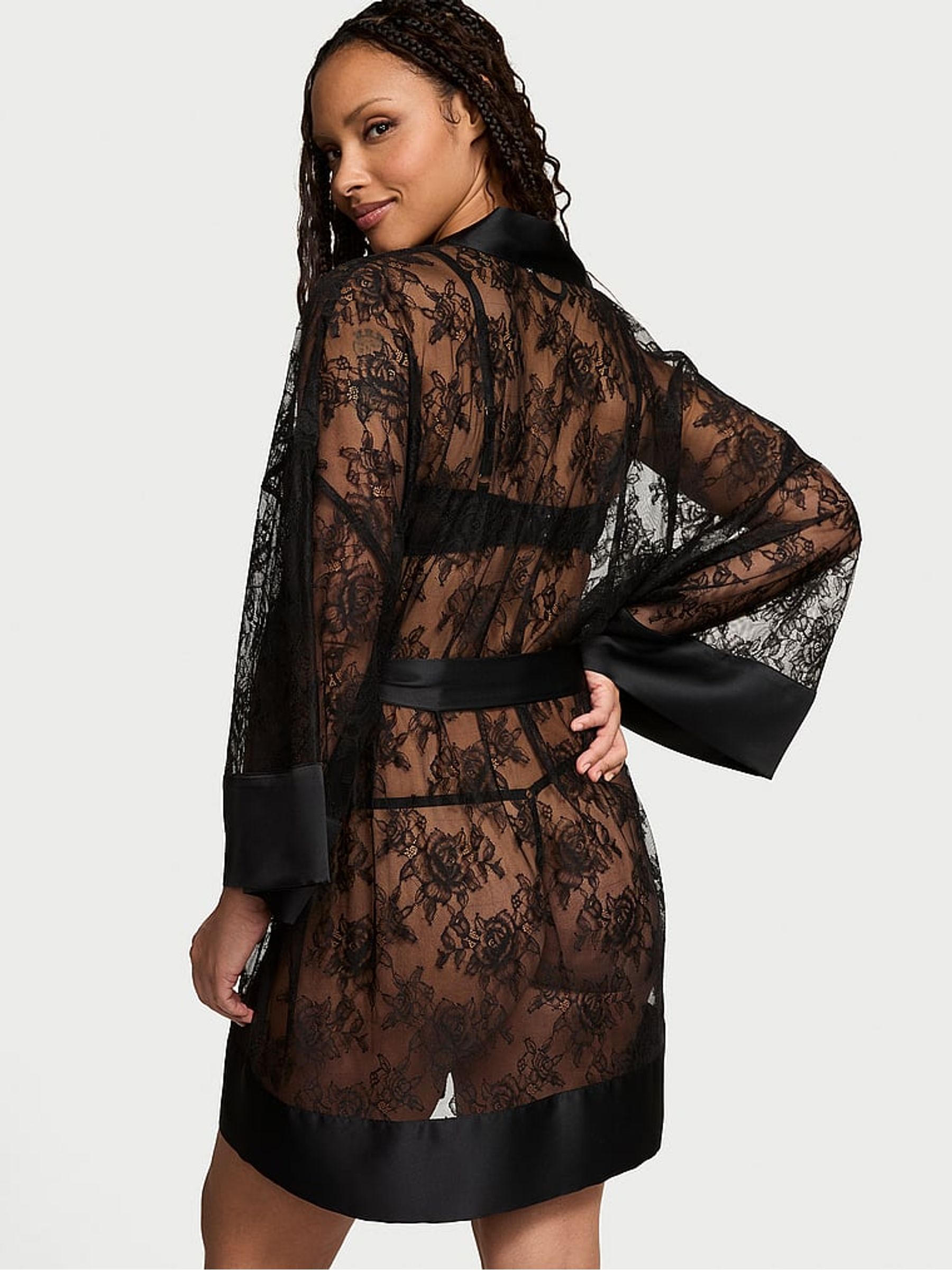 Black Rose Lace Satin Trim Robe - Image 2 of 4
