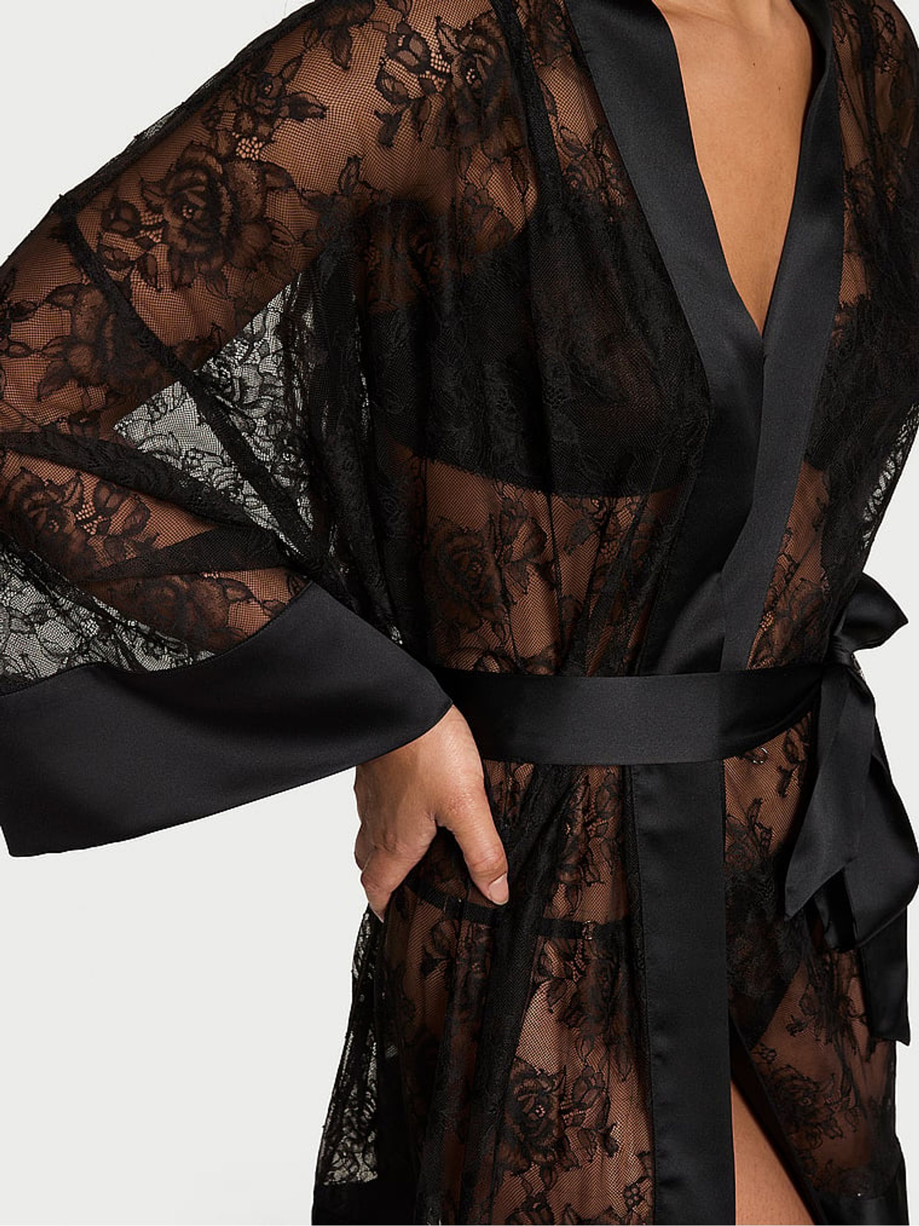 Black Rose Lace Satin Trim Robe - Image 3 of 4