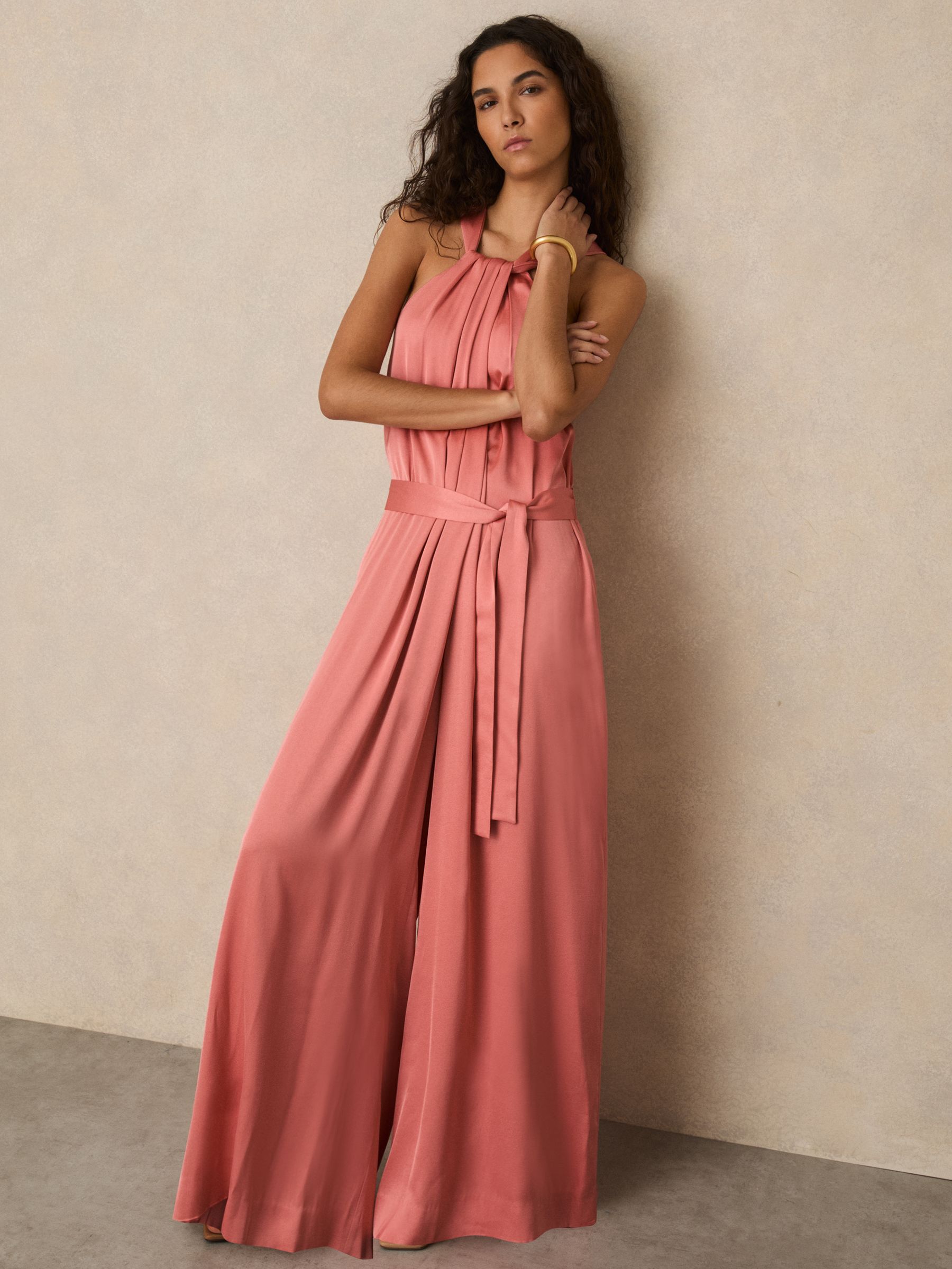 Satin Wide-Leg Draped Jumpsuit in Pink - Image 1 of 6