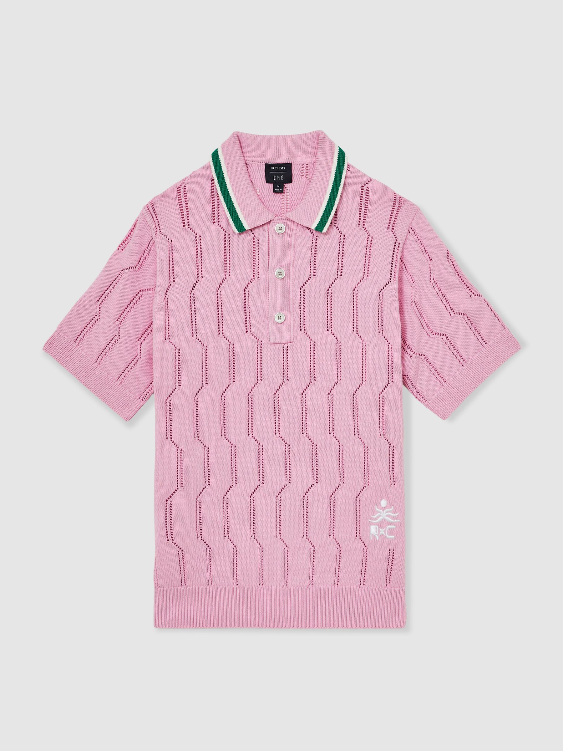 Reiss | Ché Cotton Pointelle Polo Shirt in Pink - Image 2 of 7