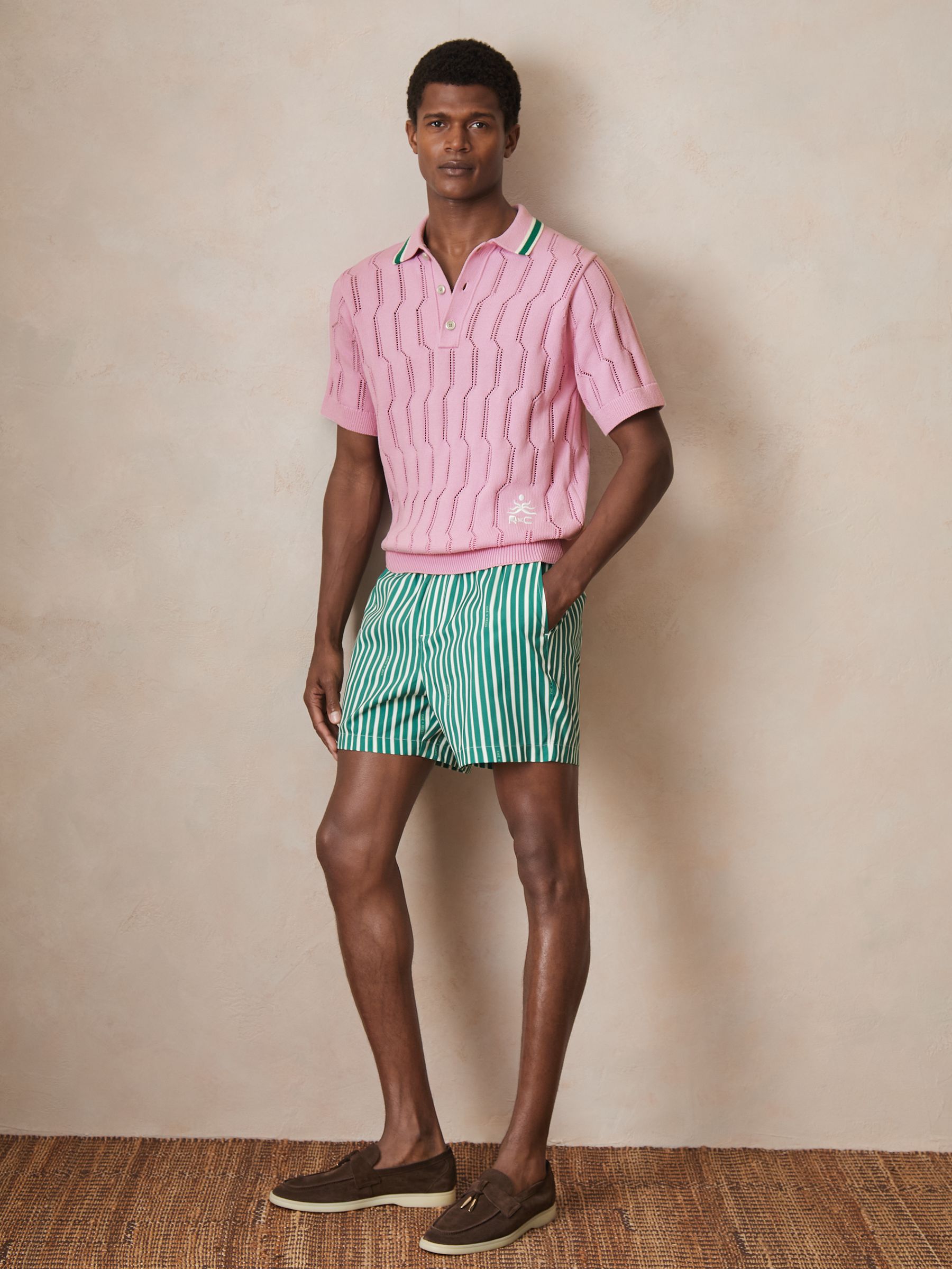 Reiss | Ché Cotton Pointelle Polo Shirt in Pink - Image 3 of 7