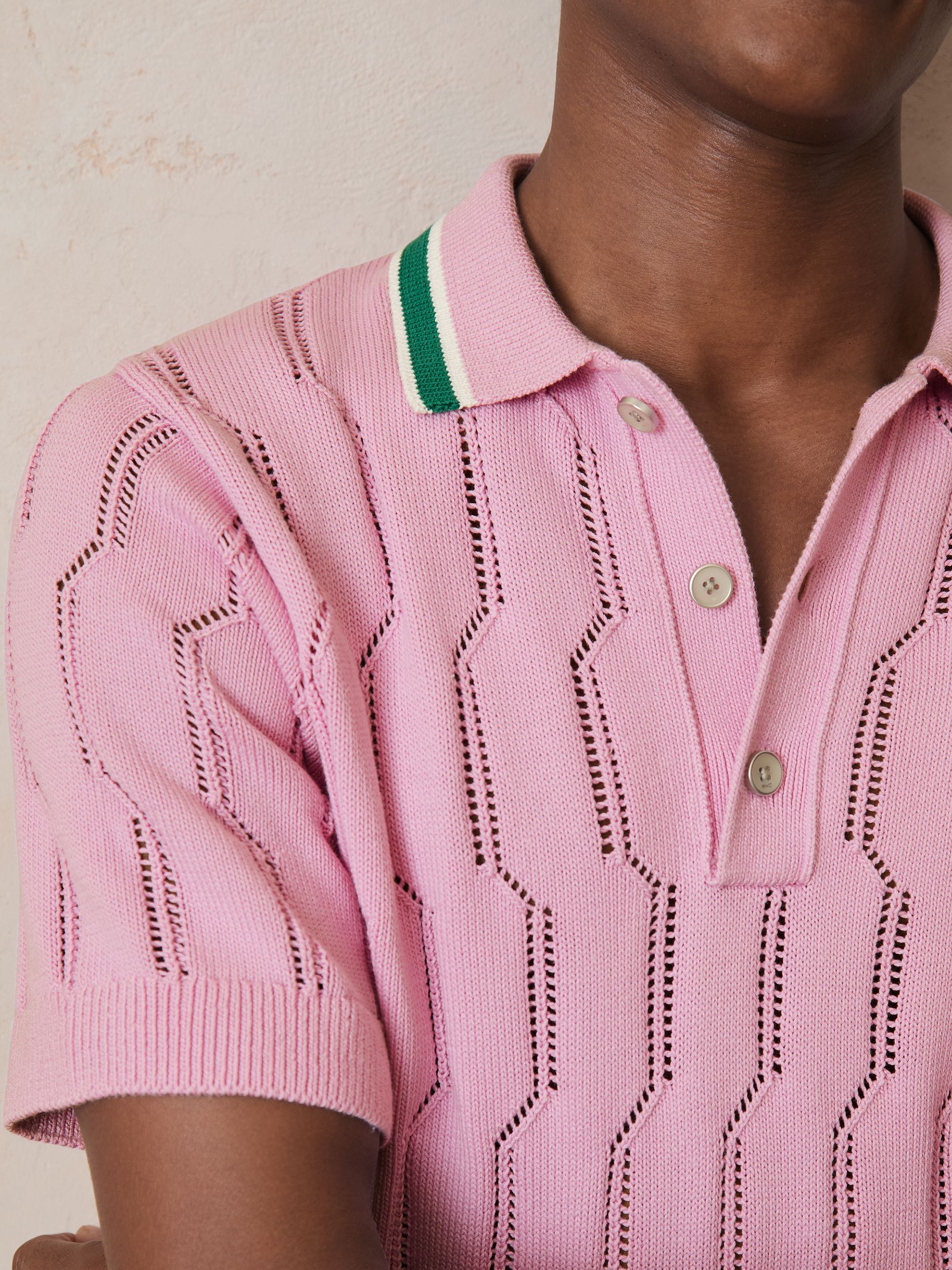 Reiss | Ché Cotton Pointelle Polo Shirt in Pink - Image 4 of 7