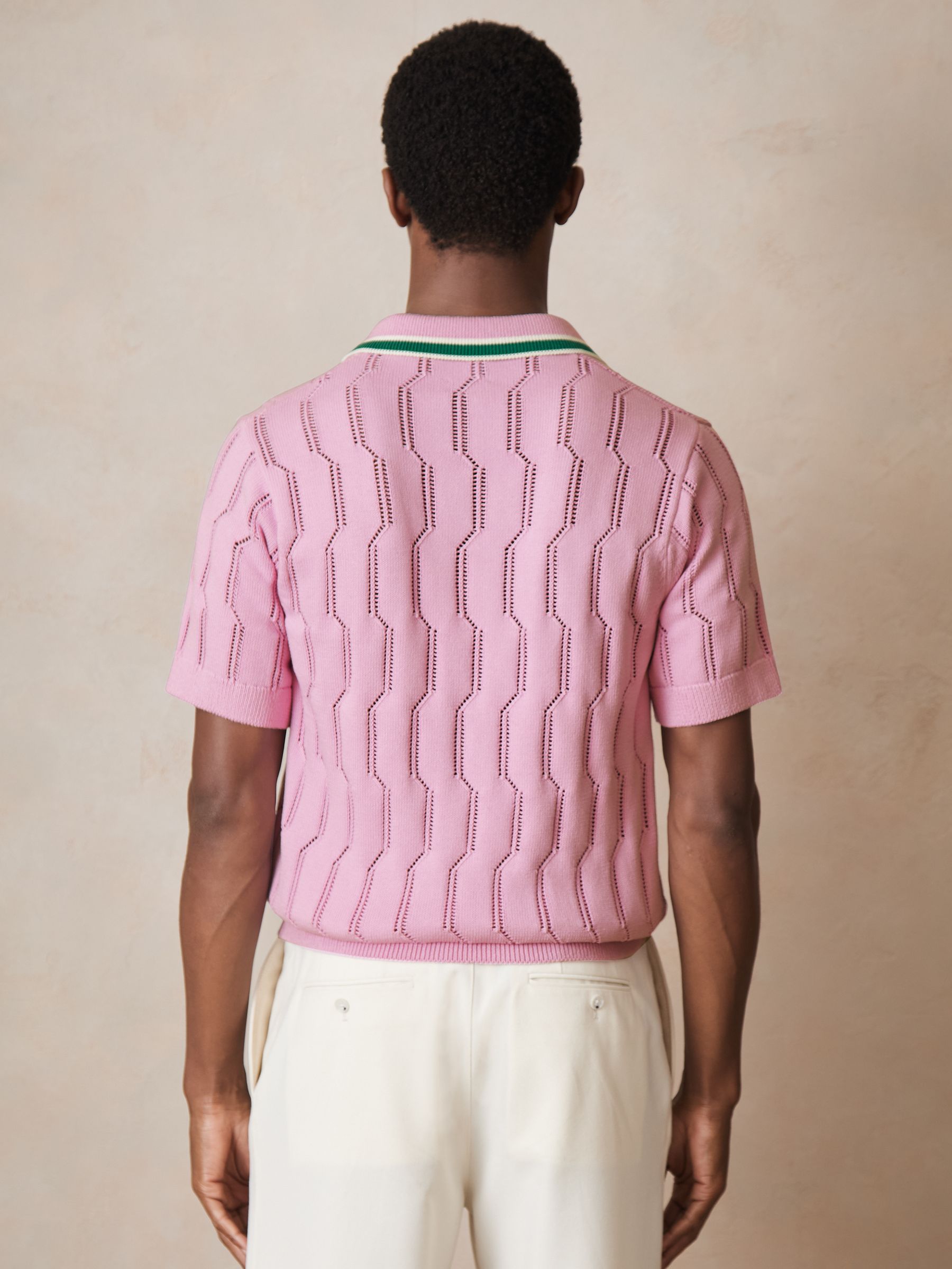 Reiss | Ché Cotton Pointelle Polo Shirt in Pink - Image 6 of 7