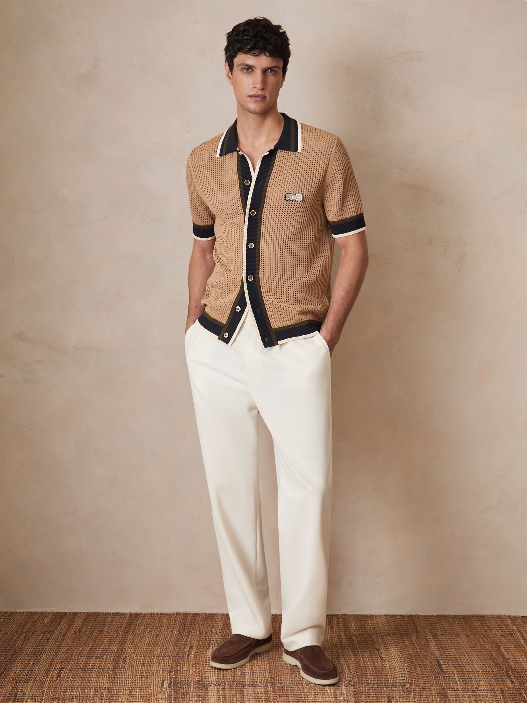 Reiss | Ché Crochet Tipped Shirt in Camel - Image 3 of 11