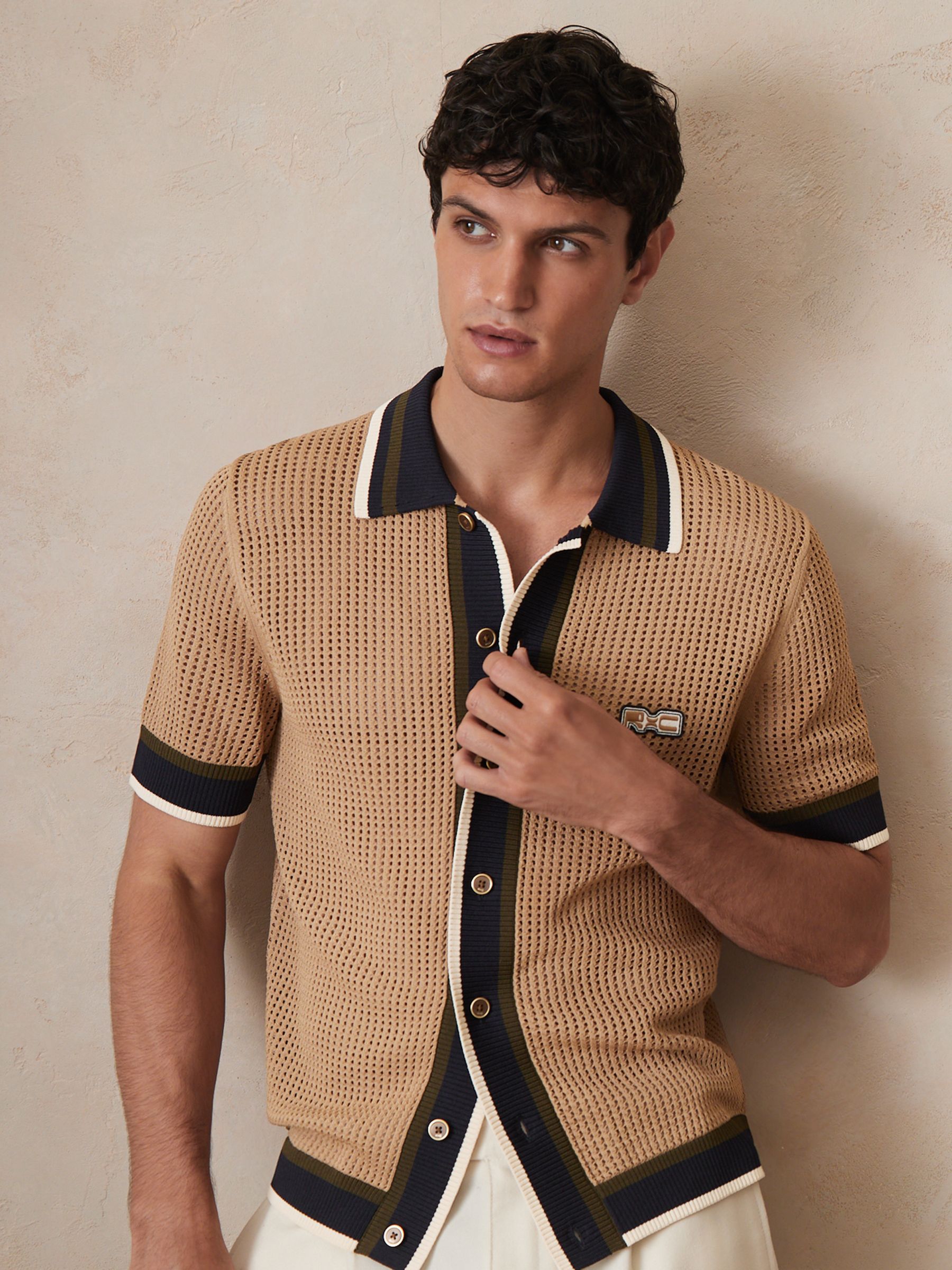 Reiss | Ché Crochet Tipped Shirt in Camel - Image 4 of 11