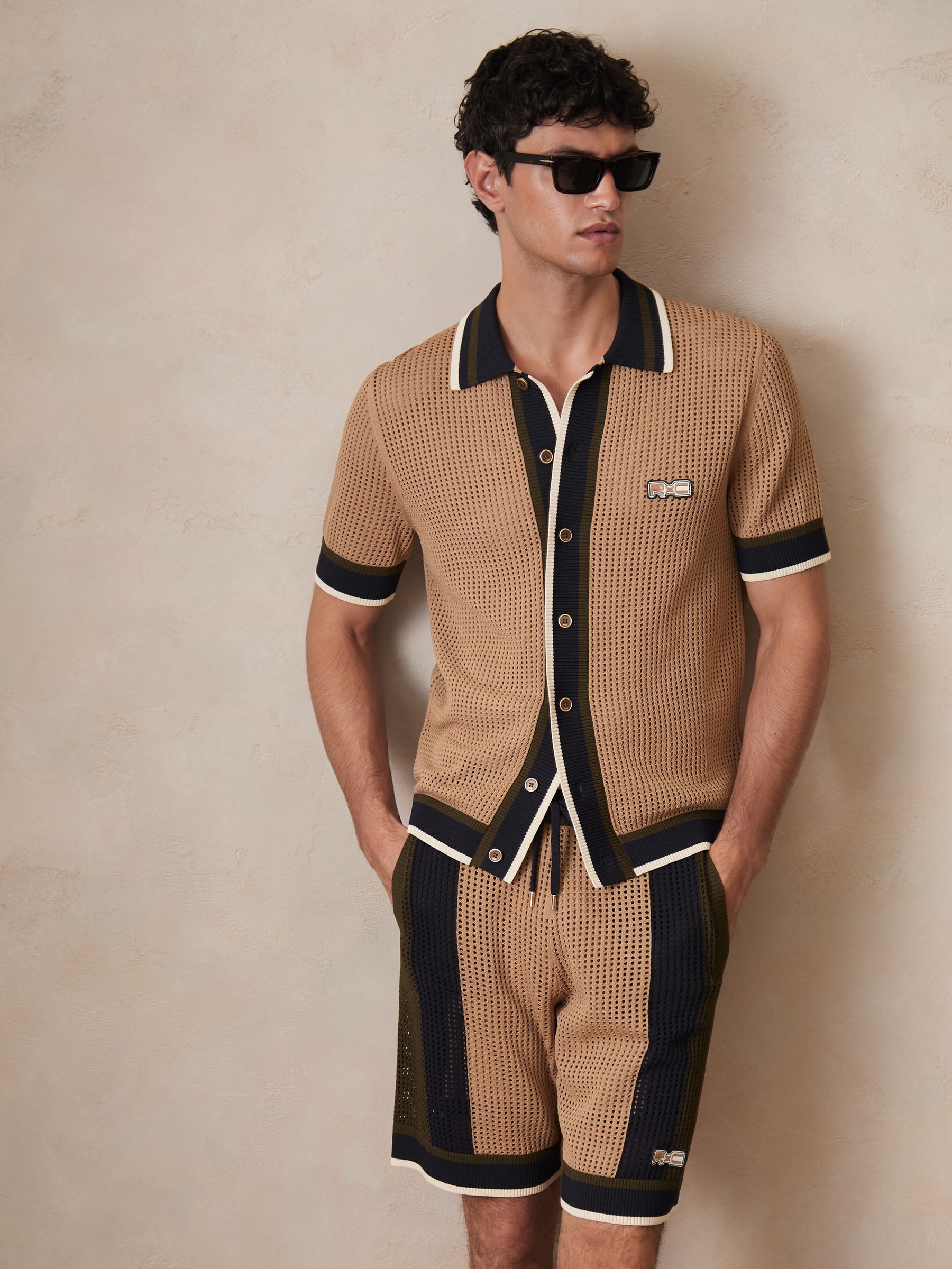 Reiss | Ché Crochet Tipped Shirt in Camel - Image 8 of 11