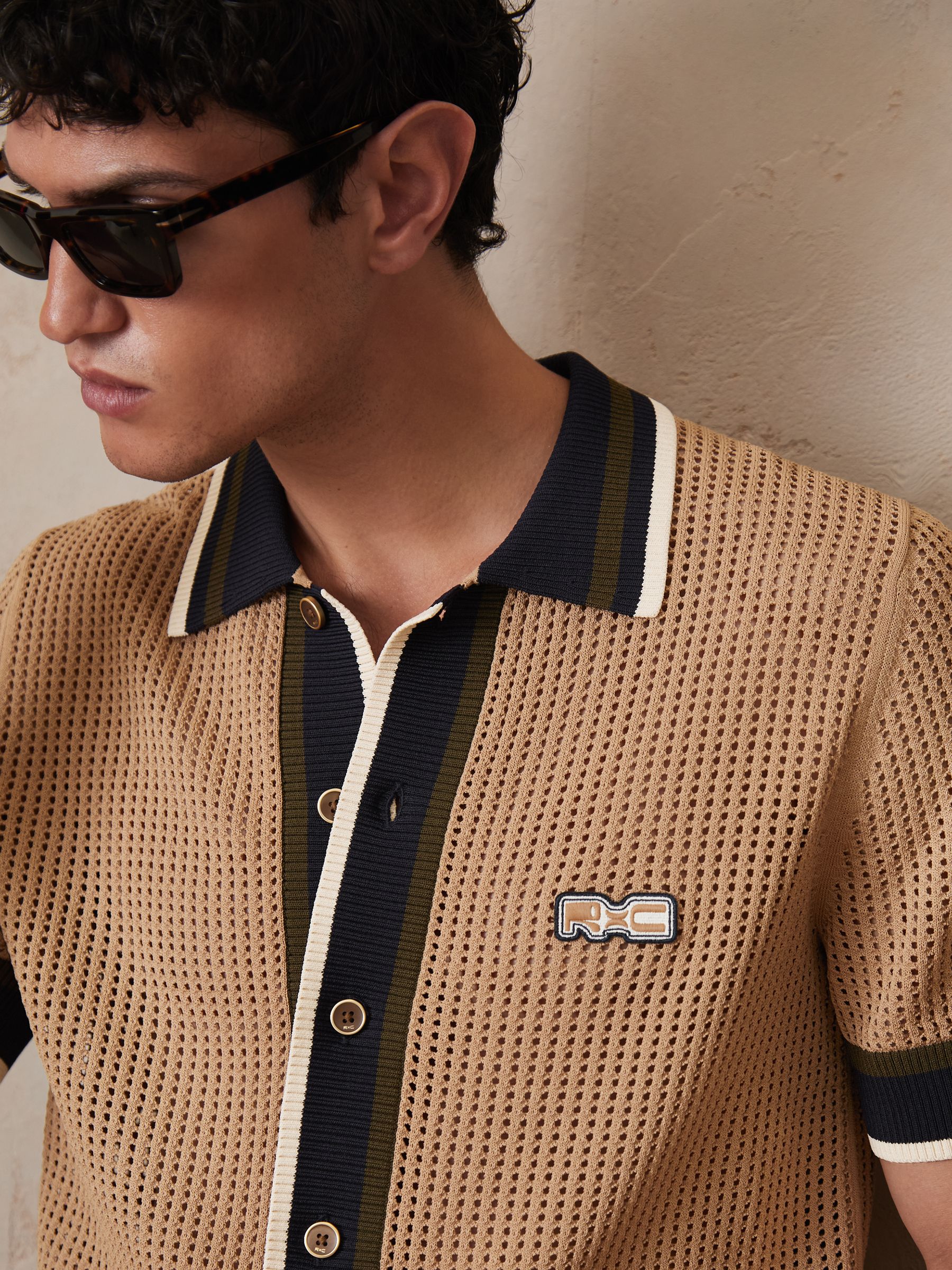 Reiss | Ché Crochet Tipped Shirt in Camel - Image 9 of 11