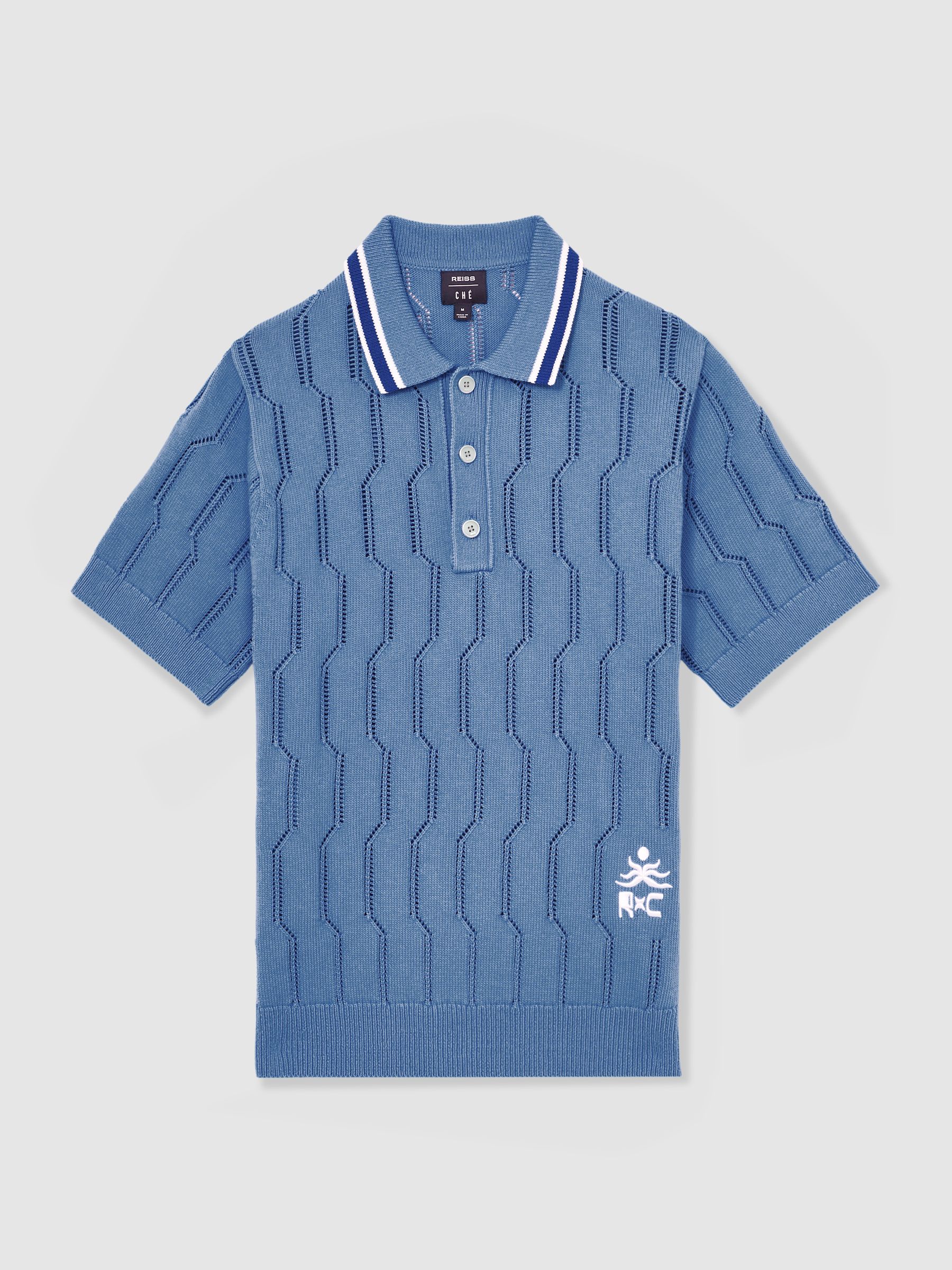 Reiss | Ché Cotton Pointelle Polo Shirt in Blue - Image 2 of 7