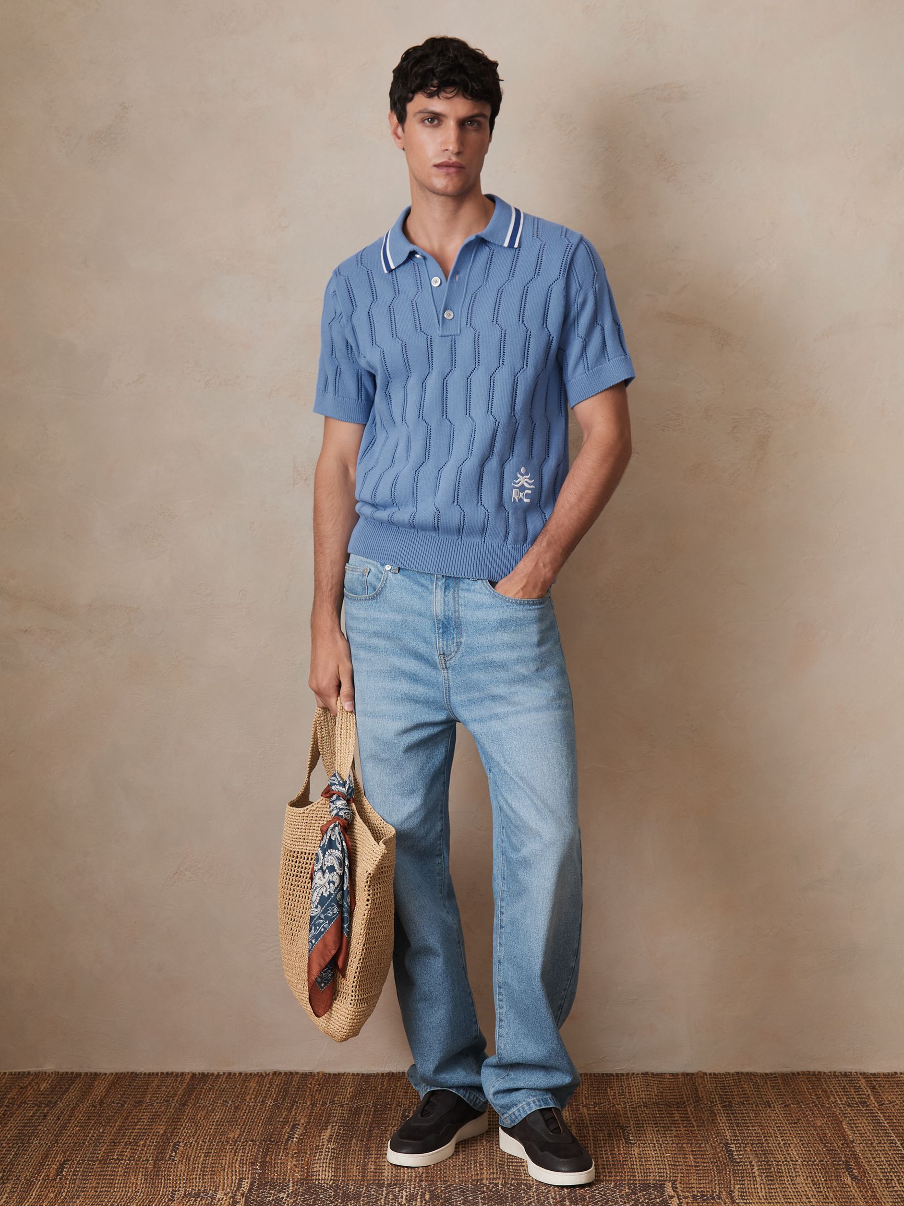Reiss | Ché Cotton Pointelle Polo Shirt in Blue - Image 3 of 7