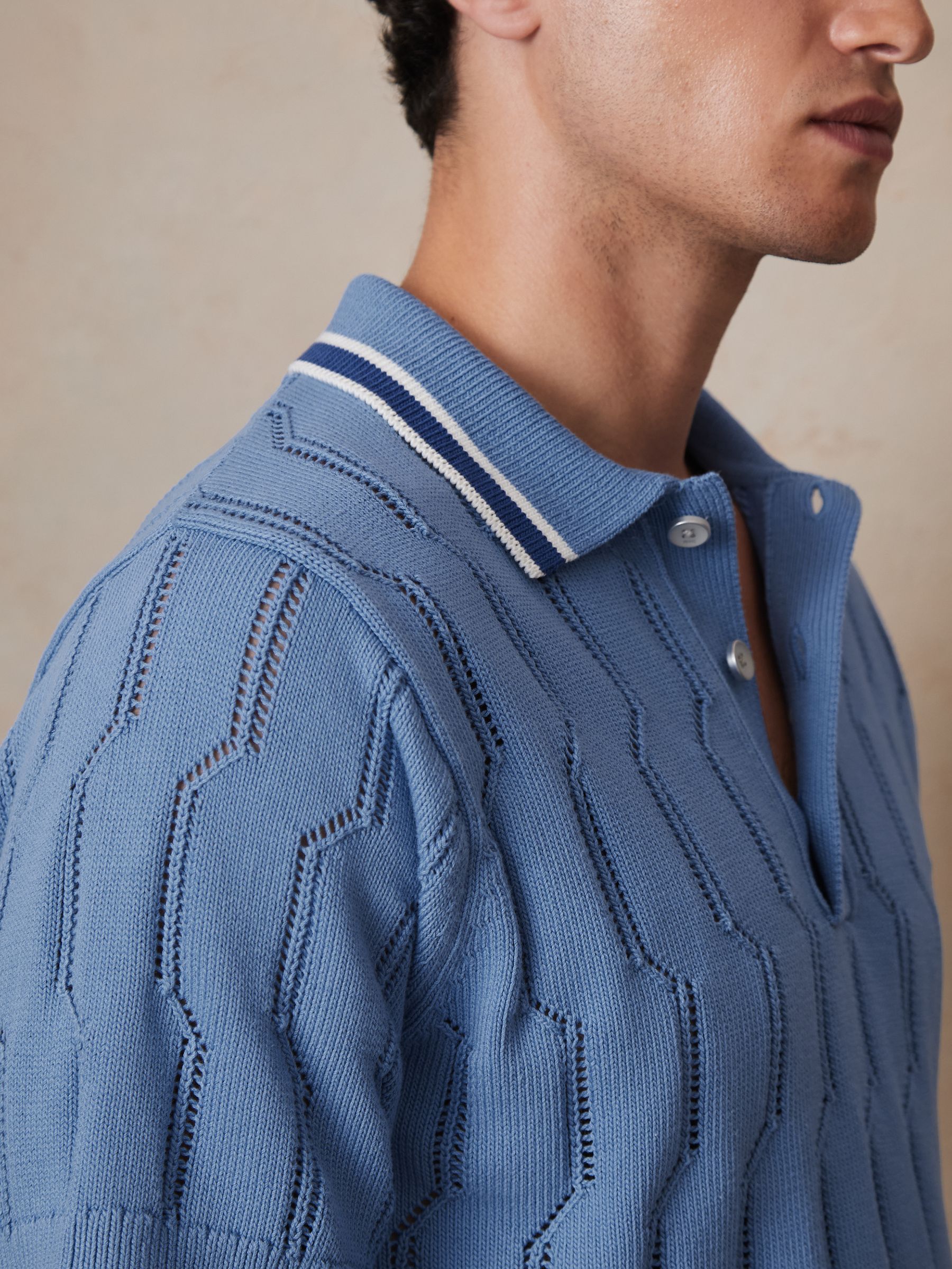 Reiss | Ché Cotton Pointelle Polo Shirt in Blue - Image 5 of 7
