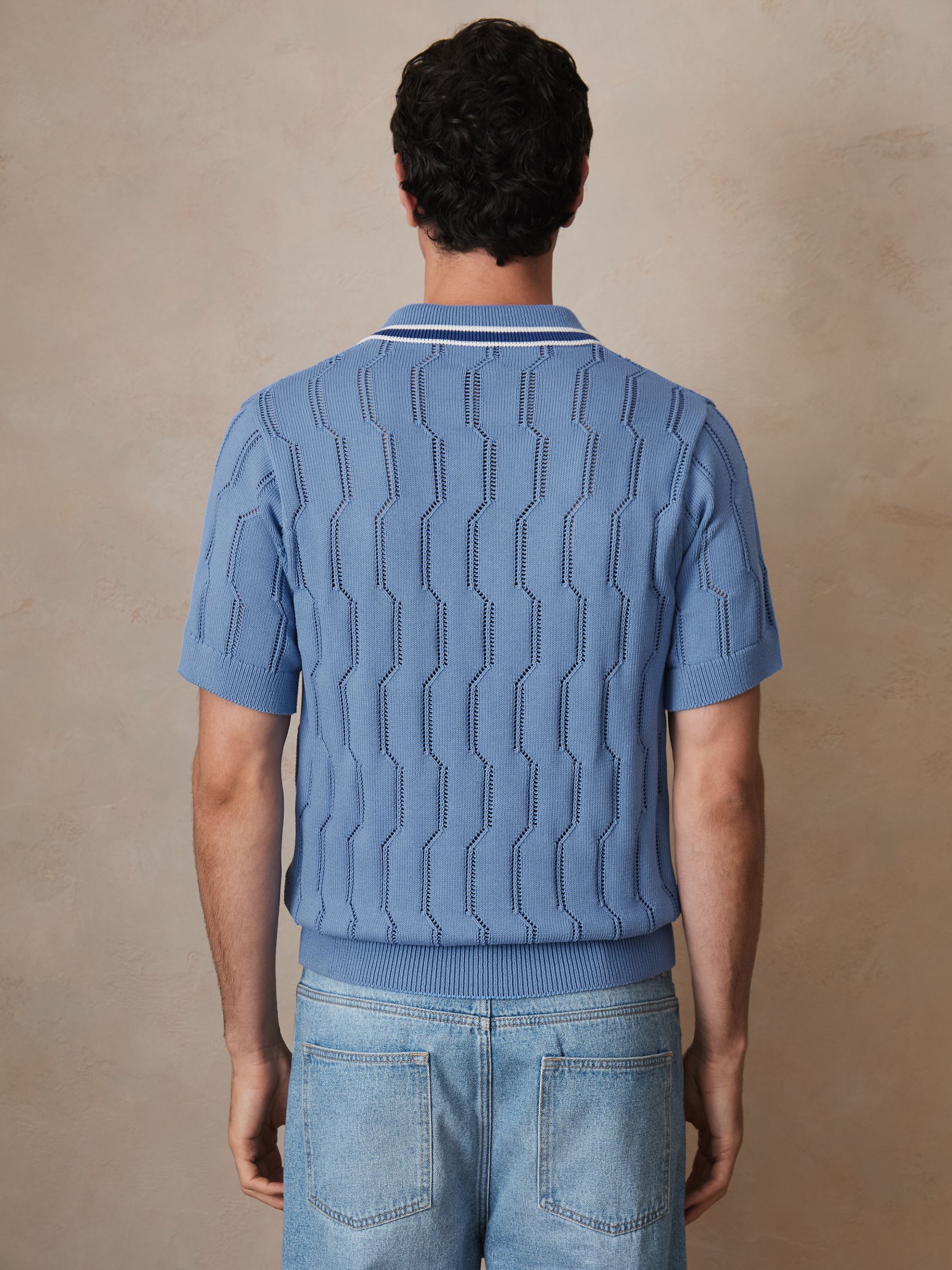 Reiss | Ché Cotton Pointelle Polo Shirt in Blue - Image 6 of 7