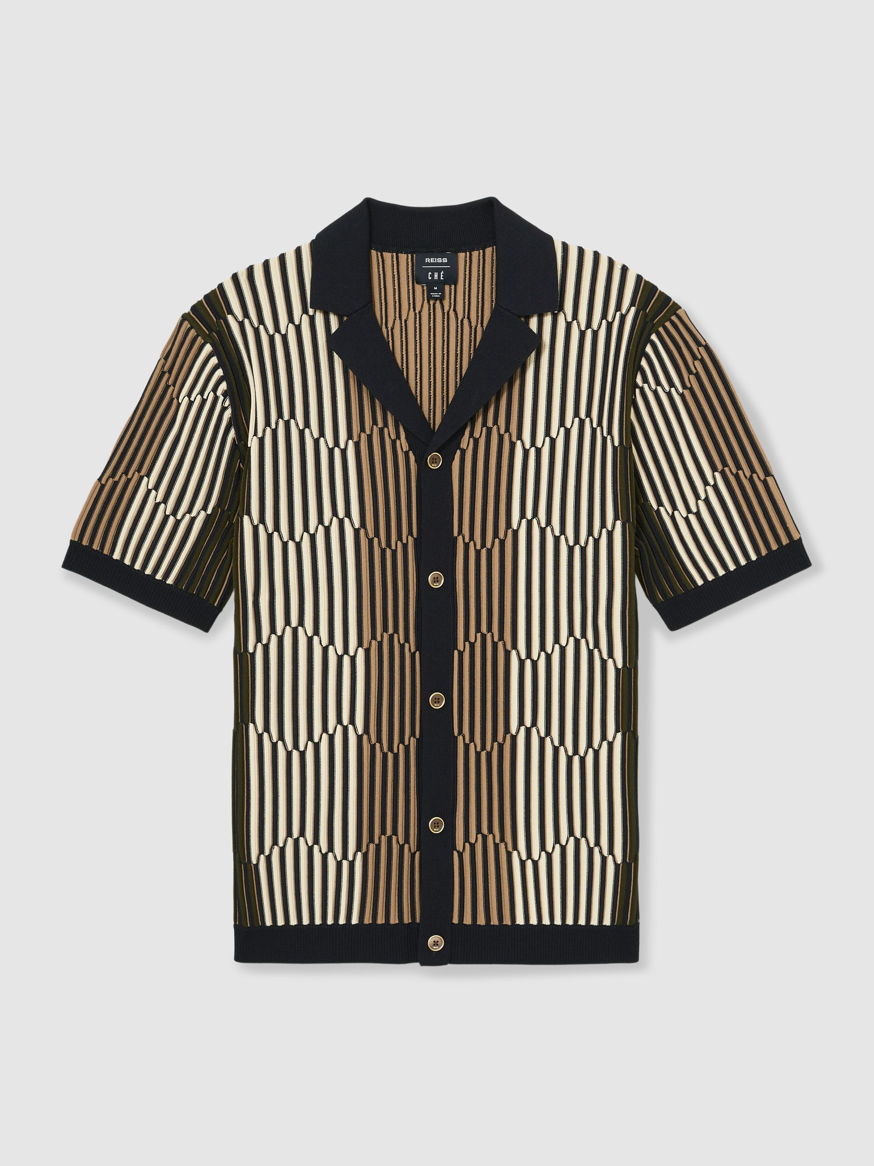 Reiss | Ché Stripe-Intarsia Shirt in Navy/Camel - Image 2 of 6