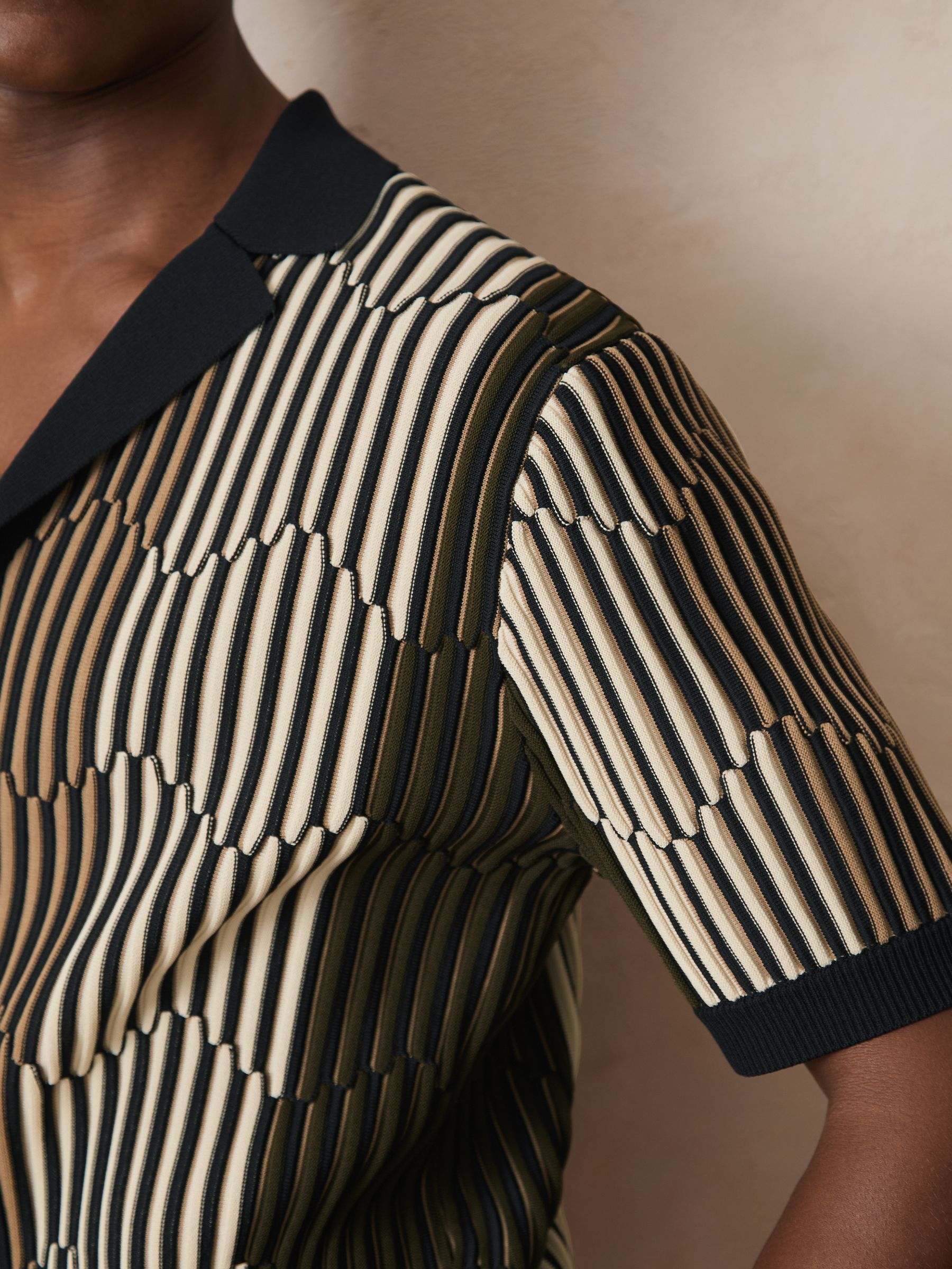 Reiss | Ché Stripe-Intarsia Shirt in Navy/Camel - Image 3 of 6