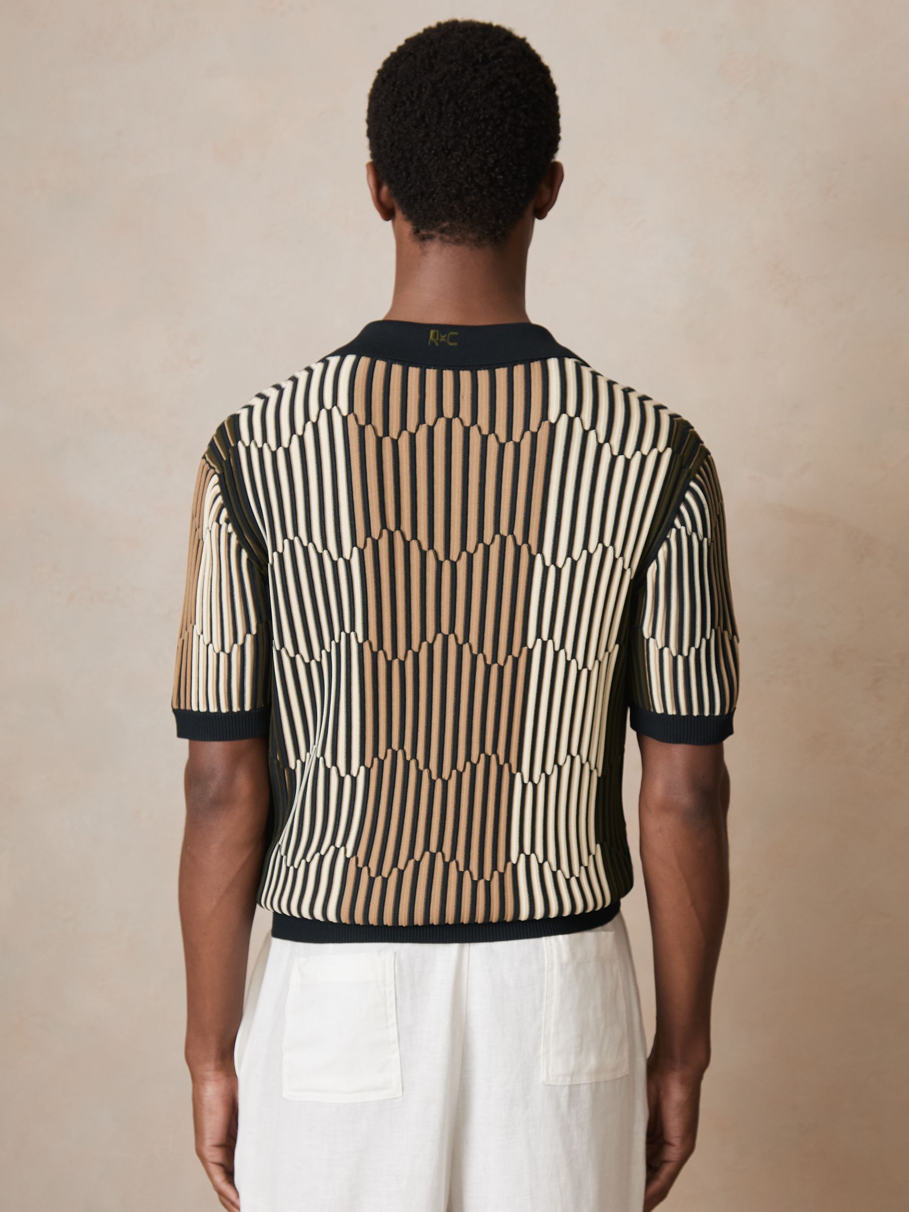 Reiss | Ché Stripe-Intarsia Shirt in Navy/Camel - Image 4 of 6