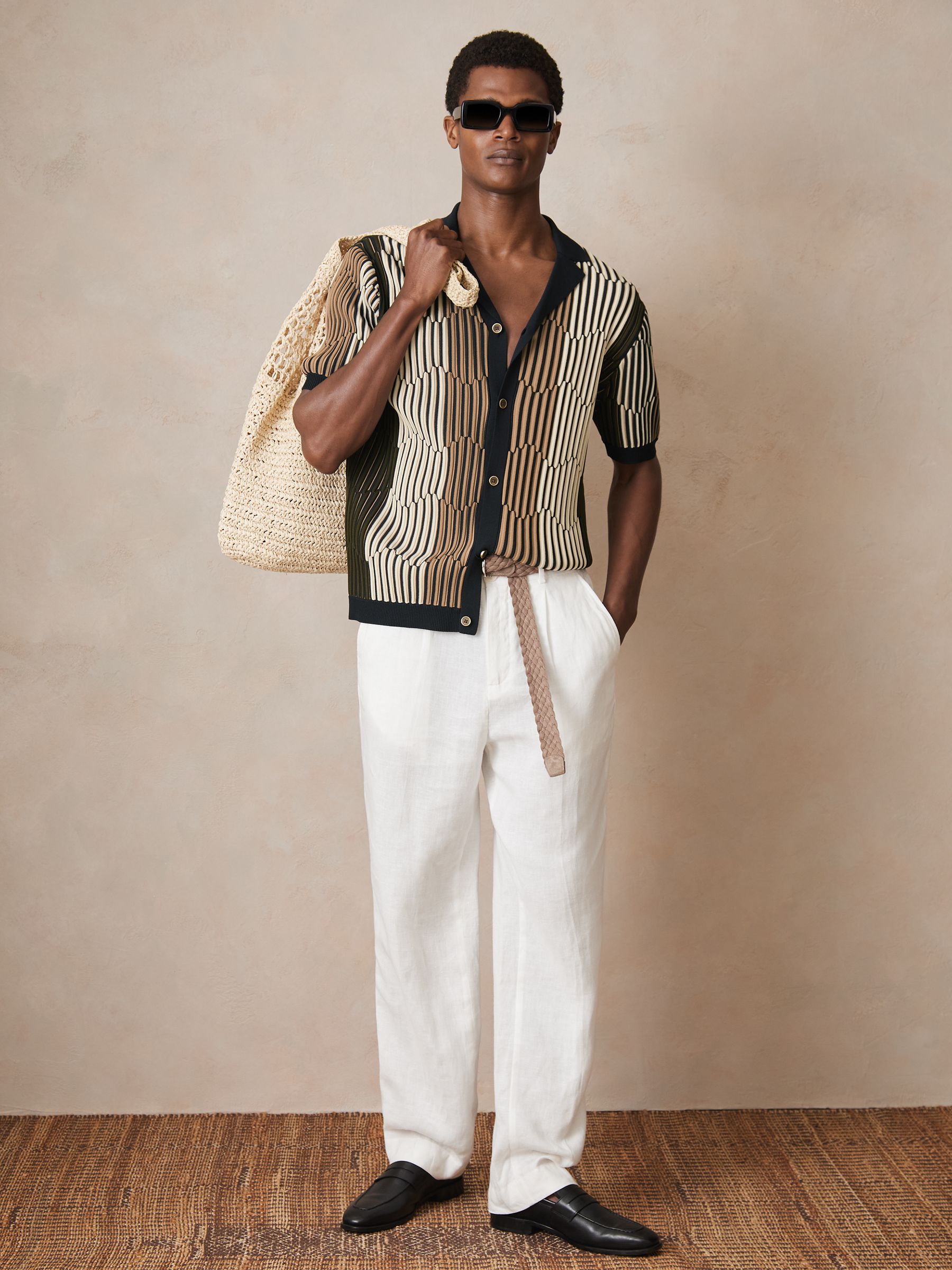 Reiss | Ché Stripe-Intarsia Shirt in Navy/Camel - Image 5 of 6