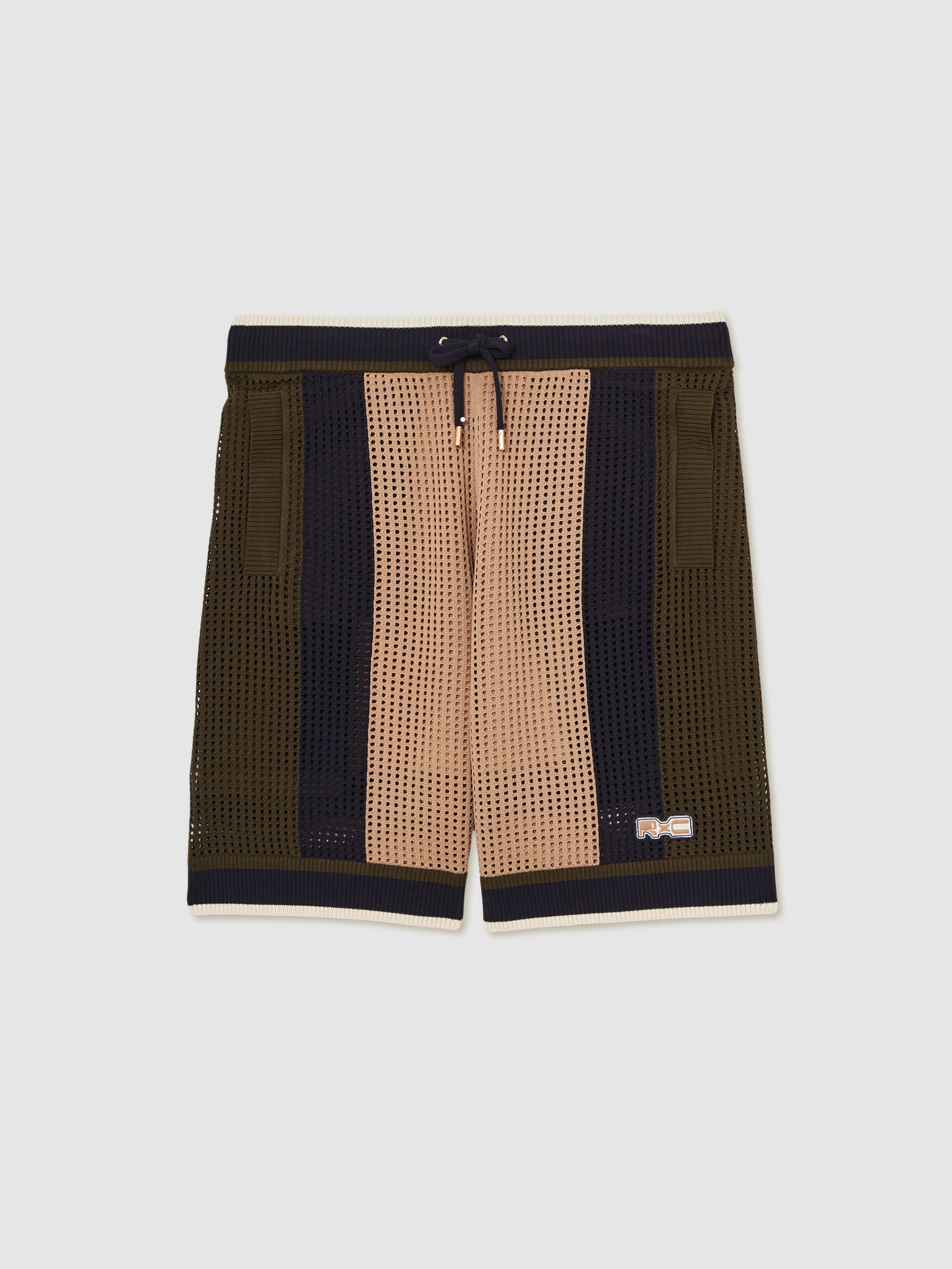 Reiss | Ché Crochet Colour-Block Shorts in Camel/Green - Image 2 of 5