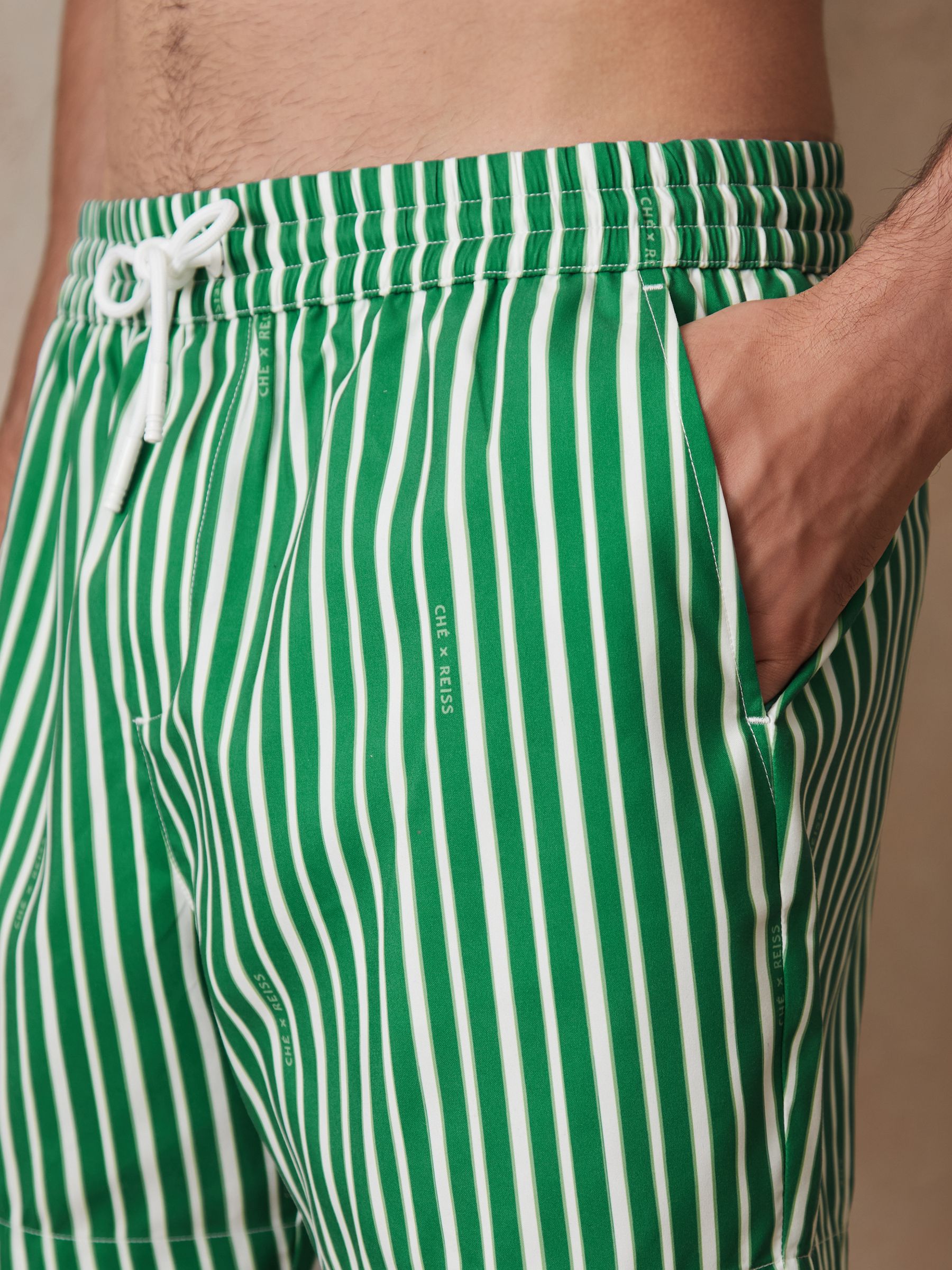 Reiss | Ché Stripe Swim Shorts in Green/White - Image 4 of 7